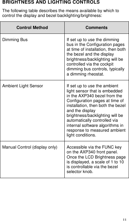  11  BRIGHTNESS AND LIGHTING CONTROLS The following table describes the means available by which to control the display and bezel backlighting/brightness: Control Method Comments Dimming Bus If set up to use the dimming bus in the Configuration pages at time of installation, then both the bezel and the display brightness/backlighting will be controlled via the cockpit dimming bus controls, typically a dimming rheostat. Ambient Light Sensor If set up to use the ambient light sensor that is embedded in the AXP340 bezel from the Configuration pages at time of installation, then both the bezel and the display brightness/backlighting will be automatically controlled via internal software algorithms in response to measured ambient light conditions. Manual Control (display only) Accessible via the FUNC key on the AXP340 front panel.  Once the LCD Brightness page is displayed, a scale of 1 to 10 is controllable via the bezel selector knob.    