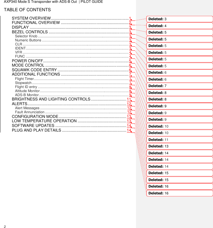  2     AXP340 Mode S Transponder with ADS-B Out  | PILOT GUIDE TABLE OF CONTENTS SYSTEM OVERVIEW ...................................................................... 1 FUNCTIONAL OVERVIEW ............................................................. 2 DISPLAY ......................................................................................... 3 BEZEL CONTROLS ........................................................................ 3 Selector Knob .......................................................................................... 3 Numeric Buttons ...................................................................................... 3 CLR ......................................................................................................... 3 IDENT ...................................................................................................... 3 VFR ......................................................................................................... 4 FUNC ...................................................................................................... 4 POWER ON/OFF............................................................................. 5 MODE CONTROL ........................................................................... 6 SQUAWK CODE ENTRY ................................................................ 6 ADDITIONAL FUNCTIONS ............................................................. 7 Flight Timer .............................................................................................. 7 Stopwatch ................................................................................................ 7 Flight ID entry .......................................................................................... 8 Altitude Monitor ........................................................................................ 8 ADS-B Monitor ......................................................................................... 9 BRIGHTNESS AND LIGHTING CONTROLS ................................ 11 ALERTS ......................................................................................... 12 Alert Messages ...................................................................................... 12 Fault Annunciation ................................................................................. 12 CONFIGURATION MODE ............................................................. 13 LOW TEMPERATURE OPERATION ............................................ 13 SOFTWARE UPDATES ................................................................ 14 PLUG AND PLAY DETAILS .......................................................... 14 Deleted: 3Deleted: 4Deleted: 5Deleted: 5Deleted: 5Deleted: 5Deleted: 5Deleted: 5Deleted: 6Deleted: 6Deleted: 7Deleted: 8Deleted: 8Deleted: 9Deleted: 9Deleted: 9Deleted: 10Deleted: 10Deleted: 11Deleted: 13Deleted: 14Deleted: 14Deleted: 14Deleted: 15Deleted: 15Deleted: 16Deleted: 16