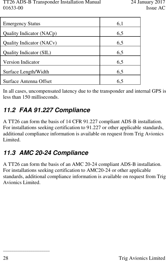 TT26 ADS-B Transponder Installation Manual  24 January 2017 01633-00  Issue AC  ______________________ 28  Trig Avionics Limited  Emergency Status 6,1 Quality Indicator (NACp) 6,5 Quality Indicator (NACv) 6,5 Quality Indicator (SIL) 6,5 Version Indicator 6,5 Surface Length/Width 6,5 Surface Antenna Offset 6,5 In all cases, uncompensated latency due to the transponder and internal GPS is less than 150 milliseconds. 11.2  FAA 91.227 Compliance A TT26 can form the basis of 14 CFR 91.227 compliant ADS-B installation.  For installations seeking certification to 91.227 or other applicable standards, additional compliance information is available on request from Trig Avionics Limited. 11.3  AMC 20-24 Compliance A TT26 can form the basis of an AMC 20-24 compliant ADS-B installation.  For installations seeking certification to AMC20-24 or other applicable standards, additional compliance information is available on request from Trig Avionics Limited. 