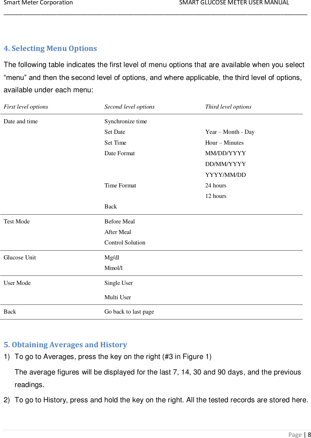 Smart Meter Corporation     SMART GLUCOSE METER USER MANUAL ___________________________________________________________________________________________ Page | 8  4. Selecting Menu Options The following table indicates the first level of menu options that are available when you select “menu” and then the second level of options, and where applicable, the third level of options, available under each menu: First level options Second level options Third level options Date and time Synchronize time Set Date Set Time Date Format   Time Format  Back  Year – Month - Day Hour – Minutes MM/DD/YYYY DD/MM/YYYY YYYY/MM/DD 24 hours 12 hours Test Mode Before Meal After Meal Control Solution  Glucose Unit Mg/dl Mmol/l  User Mode Single User  Multi User  Back Go back to last page   5. Obtaining Averages and History 1)  To go to Averages, press the key on the right (#3 in Figure 1) The average figures will be displayed for the last 7, 14, 30 and 90 days, and the previous readings. 2)  To go to History, press and hold the key on the right. All the tested records are stored here. 