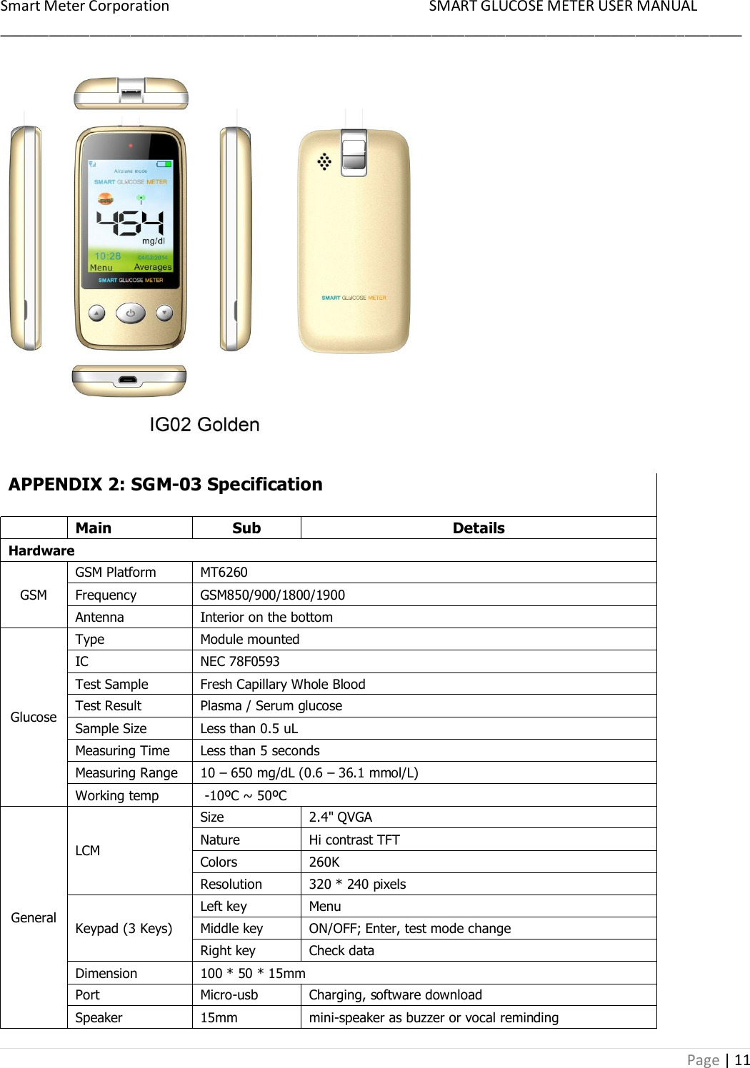 Smart Meter Corporation     SMART GLUCOSE METER USER MANUAL ___________________________________________________________________________________________ Page | 11  APPENDIX 2: SGM-03 Specification    Main Sub Details Hardware GSM GSM Platform MT6260 Frequency GSM850/900/1800/1900 Antenna Interior on the bottom Glucose Type Module mounted IC NEC 78F0593   Test Sample Fresh Capillary Whole Blood Test Result Plasma / Serum glucose Sample Size Less than 0.5 uL Measuring Time Less than 5 seconds Measuring Range 10 – 650 mg/dL (0.6 – 36.1 mmol/L) Working temp  -10ºC ~ 50ºC  General LCM Size 2.4&quot; QVGA Nature Hi contrast TFT Colors 260K Resolution 320 * 240 pixels Keypad (3 Keys) Left key Menu Middle key ON/OFF; Enter, test mode change Right key Check data Dimension 100 * 50 * 15mm Port Micro-usb Charging, software download Speaker 15mm mini-speaker as buzzer or vocal reminding 