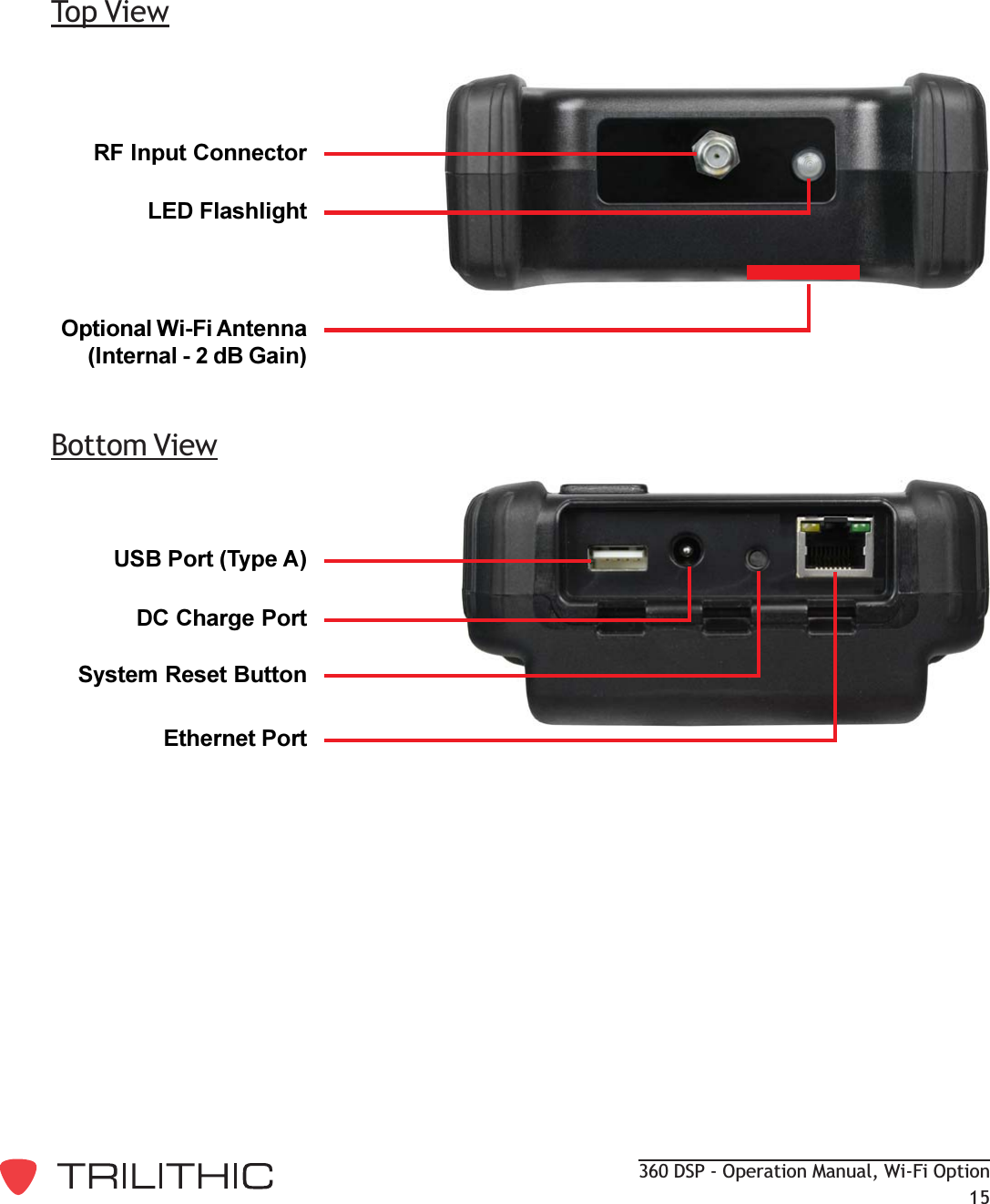 360 DSP - Operation Manual, Wi-Fi Option15Bottom ViewTop ViewRF Input ConnectorLED FlashlightOptional Wi-Fi Antenna(Internal - 2 dB Gain)USB Port (Type A)DC Charge PortSystem Reset ButtonEthernet Port