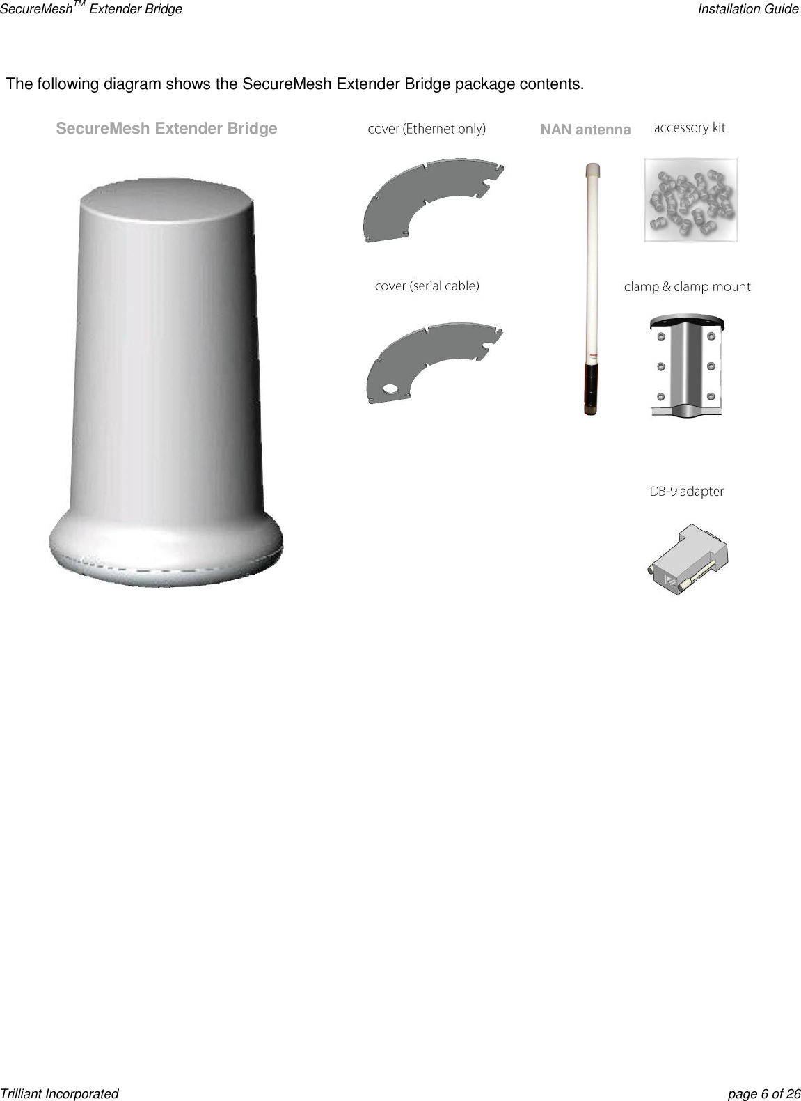 SecureMeshTM Extender Bridge    Installation Guide Trilliant Incorporated  page 6 of 26 The following diagram shows the SecureMesh Extender Bridge package contents.    NAN antenna SecureMesh Extender Bridge 