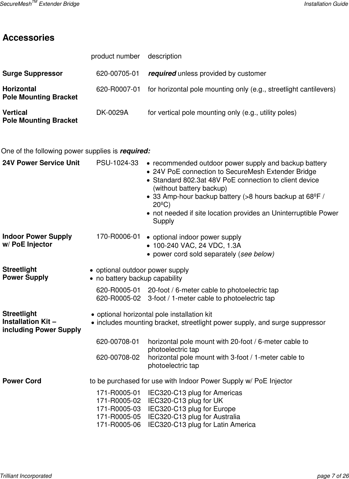 SecureMeshTM Extender Bridge    Installation Guide Trilliant Incorporated  page 7 of 26 Accessories  product number description Surge Suppressor 620-00705-01 required unless provided by customer Horizontal  Pole Mounting Bracket 620-R0007-01 for horizontal pole mounting only (e.g., streetlight cantilevers) Vertical  Pole Mounting Bracket DK-0029A for vertical pole mounting only (e.g., utility poles)   One of the following power supplies is required: 24V Power Service Unit PSU-1024-33   recommended outdoor power supply and backup battery   24V PoE connection to SecureMesh Extender Bridge   Standard 802.3at 48V PoE connection to client device (without battery backup)   33 Amp-hour backup battery (&gt;8 hours backup at 68ºF / 20ºC)   not needed if site location provides an Uninterruptible Power Supply Indoor Power Supply w/ PoE Injector 170-R0006-01   optional indoor power supply  100-240 VAC, 24 VDC, 1.3A   power cord sold separately (see below) Streetlight  Power Supply   optional outdoor power supply   no battery backup capability  620-R0005-01 20-foot / 6-meter cable to photoelectric tap  620-R0005-02 3-foot / 1-meter cable to photoelectric tap Streetlight  Installation Kit – including Power Supply  optional horizontal pole installation kit  includes mounting bracket, streetlight power supply, and surge suppressor  620-00708-01 horizontal pole mount with 20-foot / 6-meter cable to photoelectric tap  620-00708-02 horizontal pole mount with 3-foot / 1-meter cable to photoelectric tap Power Cord to be purchased for use with Indoor Power Supply w/ PoE Injector  171-R0005-01 IEC320-C13 plug for Americas  171-R0005-02 IEC320-C13 plug for UK  171-R0005-03 IEC320-C13 plug for Europe  171-R0005-05 IEC320-C13 plug for Australia  171-R0005-06 IEC320-C13 plug for Latin America  