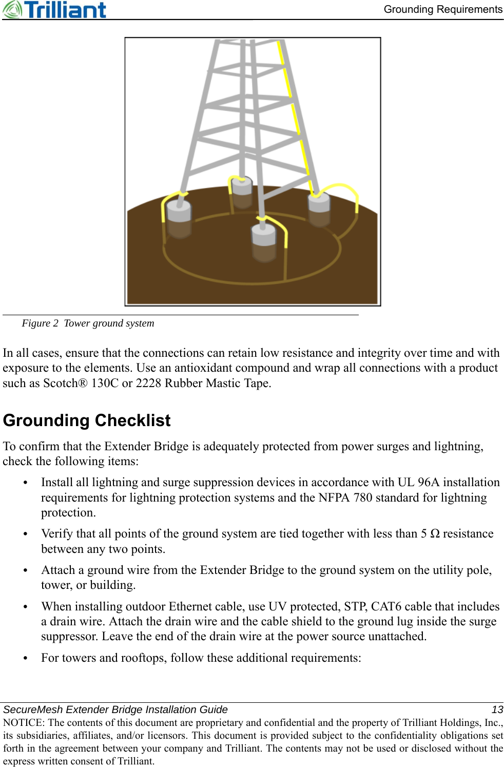 SecureMesh Extender Bridge Installation Guide 13NOTICE: The contents of this document are proprietary and confidential and the property of Trilliant Holdings, Inc.,its subsidiaries, affiliates, and/or licensors. This document is provided subject to the confidentiality obligations setforth in the agreement between your company and Trilliant. The contents may not be used or disclosed without theexpress written consent of Trilliant.Grounding RequirementsFigure 2 Tower ground systemIn all cases, ensure that the connections can retain low resistance and integrity over time and with exposure to the elements. Use an antioxidant compound and wrap all connections with a product such as Scotch® 130C or 2228 Rubber Mastic Tape.Grounding ChecklistTo confirm that the Extender Bridge is adequately protected from power surges and lightning, check the following items:•Install all lightning and surge suppression devices in accordance with UL 96A installation requirements for lightning protection systems and the NFPA 780 standard for lightning protection.•Verify that all points of the ground system are tied together with less than 5 Ω resistance between any two points.•Attach a ground wire from the Extender Bridge to the ground system on the utility pole, tower, or building.•When installing outdoor Ethernet cable, use UV protected, STP, CAT6 cable that includes a drain wire. Attach the drain wire and the cable shield to the ground lug inside the surge suppressor. Leave the end of the drain wire at the power source unattached.•For towers and rooftops, follow these additional requirements: