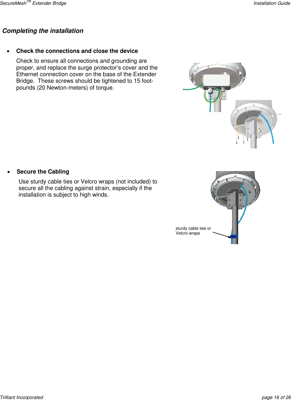 SecureMeshTM Extender Bridge    Installation Guide Trilliant Incorporated  page 16 of 26 Completing the installation     Check the connections and close the device Check to ensure all connections and grounding are proper, and replace the surge protector’s cover and the Ethernet connection cover on the base of the Extender Bridge.  These screws should be tightened to 15 foot-pounds (20 Newton-meters) of torque.           Secure the Cabling Use sturdy cable ties or Velcro wraps (not included) to secure all the cabling against strain, especially if the installation is subject to high winds.    sturdy cable ties or Velcro wraps 