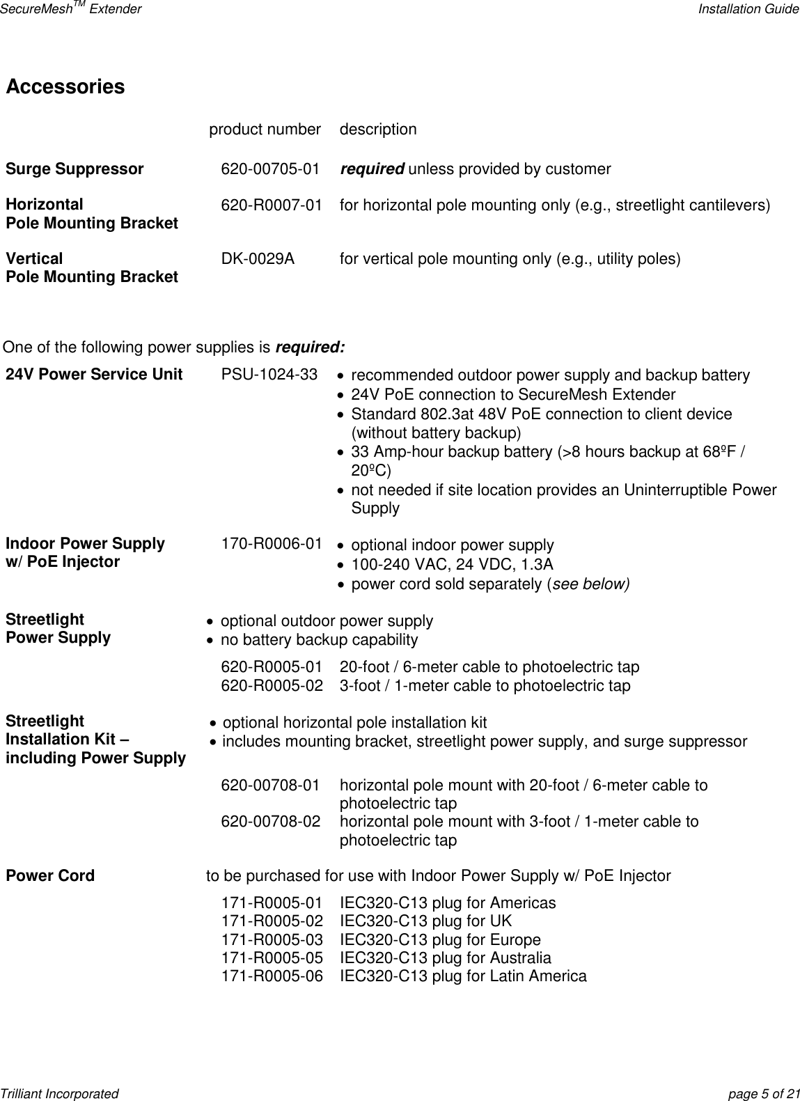 SecureMeshTM Extender    Installation Guide Trilliant Incorporated  page 5 of 21 Accessories  product number description Surge Suppressor 620-00705-01 required unless provided by customer Horizontal  Pole Mounting Bracket 620-R0007-01 for horizontal pole mounting only (e.g., streetlight cantilevers) Vertical  Pole Mounting Bracket DK-0029A for vertical pole mounting only (e.g., utility poles)   One of the following power supplies is required: 24V Power Service Unit PSU-1024-33   recommended outdoor power supply and backup battery   24V PoE connection to SecureMesh Extender   Standard 802.3at 48V PoE connection to client device (without battery backup)   33 Amp-hour backup battery (&gt;8 hours backup at 68ºF / 20ºC)   not needed if site location provides an Uninterruptible Power Supply Indoor Power Supply w/ PoE Injector 170-R0006-01   optional indoor power supply  100-240 VAC, 24 VDC, 1.3A   power cord sold separately (see below) Streetlight  Power Supply   optional outdoor power supply   no battery backup capability  620-R0005-01 20-foot / 6-meter cable to photoelectric tap  620-R0005-02 3-foot / 1-meter cable to photoelectric tap Streetlight  Installation Kit – including Power Supply  optional horizontal pole installation kit  includes mounting bracket, streetlight power supply, and surge suppressor  620-00708-01 horizontal pole mount with 20-foot / 6-meter cable to photoelectric tap  620-00708-02 horizontal pole mount with 3-foot / 1-meter cable to photoelectric tap Power Cord to be purchased for use with Indoor Power Supply w/ PoE Injector  171-R0005-01 IEC320-C13 plug for Americas  171-R0005-02 IEC320-C13 plug for UK  171-R0005-03 IEC320-C13 plug for Europe  171-R0005-05 IEC320-C13 plug for Australia  171-R0005-06 IEC320-C13 plug for Latin America  