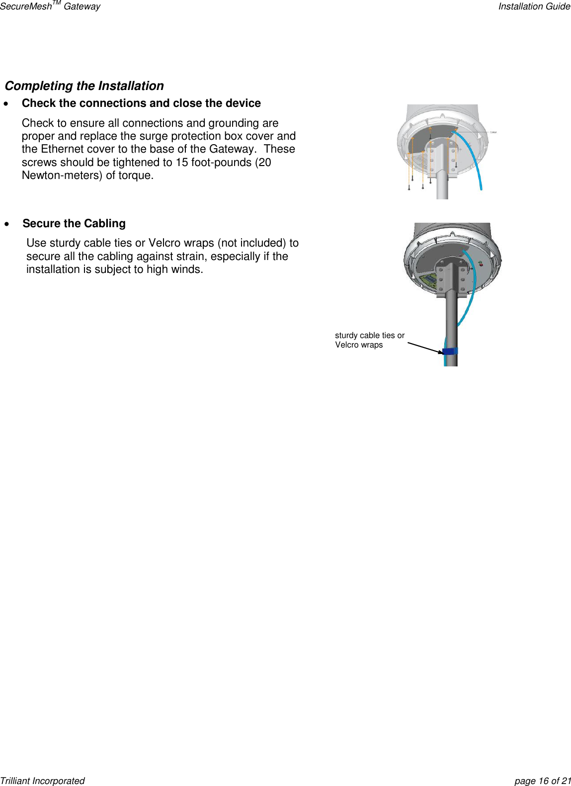 SecureMeshTM Gateway    Installation Guide Trilliant Incorporated  page 16 of 21  Completing the Installation  Check the connections and close the device Check to ensure all connections and grounding are proper and replace the surge protection box cover and the Ethernet cover to the base of the Gateway.  These screws should be tightened to 15 foot-pounds (20 Newton-meters) of torque.    Secure the Cabling Use sturdy cable ties or Velcro wraps (not included) to secure all the cabling against strain, especially if the installation is subject to high winds.     sturdy cable ties or Velcro wraps 