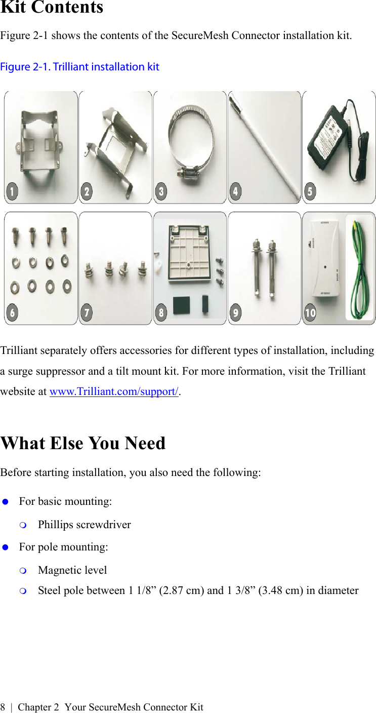 8 | Chapter 2 Your SecureMesh Connector KitKit ContentsFigure 2-1 shows the contents of the SecureMesh Connector installation kit.Figure 2-1. Trilliant installation kitTrilliant separately offers accessories for different types of installation, including a surge suppressor and a tilt mount kit. For more information, visit the Trilliant website at www.Trilliant.com/support/.What Else You NeedBefore starting installation, you also need the following: For basic mounting:Phillips screwdriver For pole mounting:Magnetic levelSteel pole between 1 1/8” (2.87 cm) and 1 3/8” (3.48 cm) in diameter