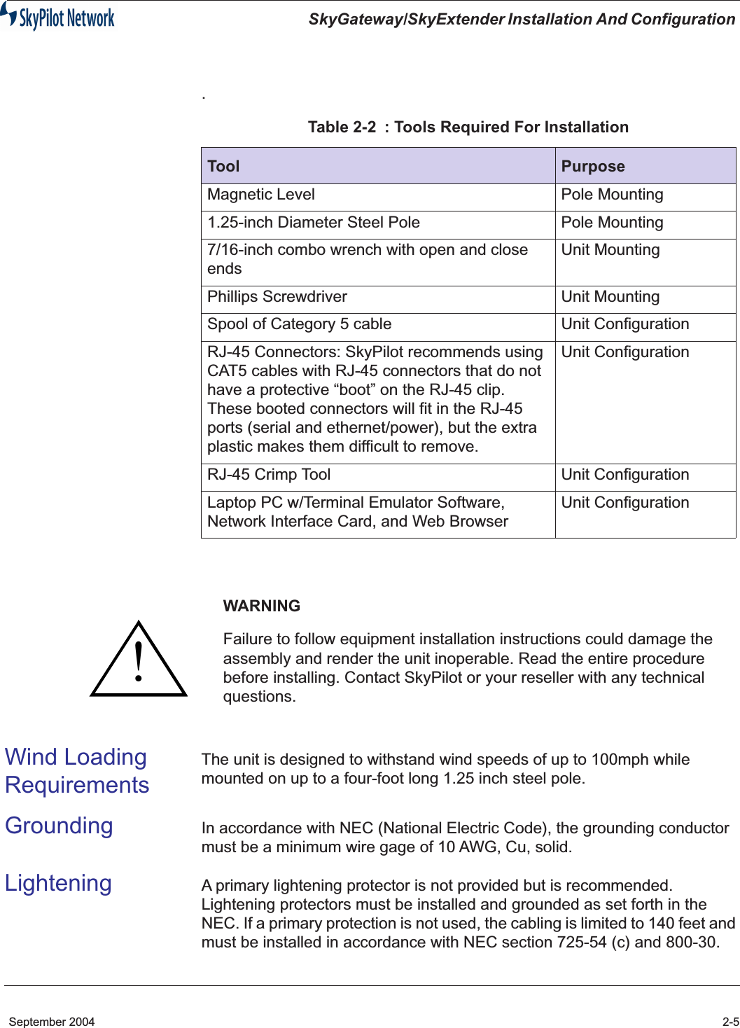  SkyGateway/SkyExtender Installation And Configuration  September 2004 2-5 .      Wind Loading Requirements The unit is designed to withstand wind speeds of up to 100mph while mounted on up to a four-foot long 1.25 inch steel pole.  Grounding In accordance with NEC (National Electric Code), the grounding conductor must be a minimum wire gage of 10 AWG, Cu, solid. Lightening A primary lightening protector is not provided but is recommended. Lightening protectors must be installed and grounded as set forth in the NEC. If a primary protection is not used, the cabling is limited to 140 feet and must be installed in accordance with NEC section 725-54 (c) and 800-30. Table 2-2 : Tools Required For InstallationTool Purpose Magnetic Level Pole Mounting1.25-inch Diameter Steel Pole Pole Mounting7/16-inch combo wrench with open and close endsUnit MountingPhillips Screwdriver Unit MountingSpool of Category 5 cable Unit ConfigurationRJ-45 Connectors: SkyPilot recommends using CAT5 cables with RJ-45 connectors that do not have a protective “boot” on the RJ-45 clip. These booted connectors will fit in the RJ-45 ports (serial and ethernet/power), but the extra plastic makes them difficult to remove.Unit ConfigurationRJ-45 Crimp Tool Unit ConfigurationLaptop PC w/Terminal Emulator Software, Network Interface Card, and Web BrowserUnit Configuration WARNING Failure to follow equipment installation instructions could damage the assembly and render the unit inoperable. Read the entire procedure before installing. Contact SkyPilot or your reseller with any technical questions.!