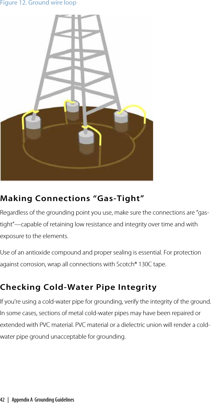 42  |  Appendix A  Grounding GuidelinesFigure 12. Ground wire loopMaking Connections “Gas-Tight”Regardless of the grounding point you use, make sure the connections are “gas-tight”—capable of retaining low resistance and integrity over time and with exposure to the elements.Use of an antioxide compound and proper sealing is essential. For protection against corrosion, wrap all connections with Scotch® 130C tape. Checking Cold-Water Pipe IntegrityIf you’re using a cold-water pipe for grounding, verify the integrity of the ground. In some cases, sections of metal cold-water pipes may have been repaired or extended with PVC material. PVC material or a dielectric union will render a cold-water pipe ground unacceptable for grounding. A