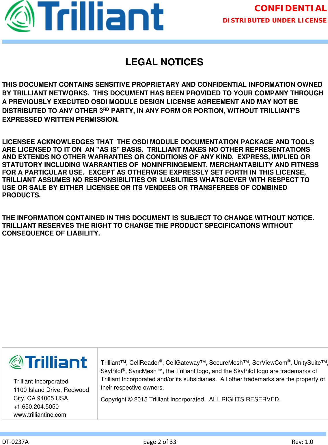 Page 2 of Trilliant Networks OSDI4W1 2.4 GHz Digitally modulated transmitter User Manual Usermanual