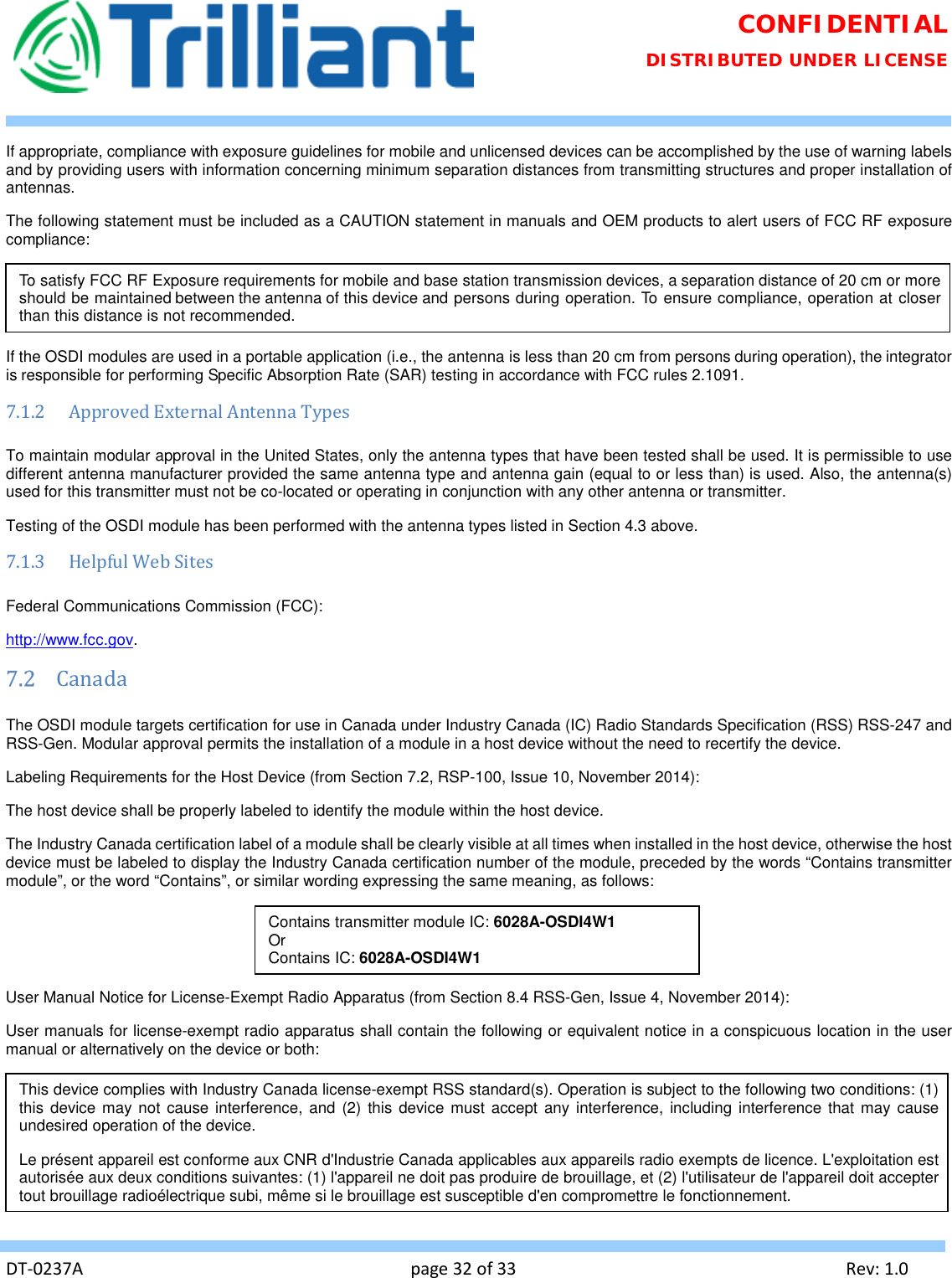 Page 32 of Trilliant Networks OSDI4W1 2.4 GHz Digitally modulated transmitter User Manual Usermanual