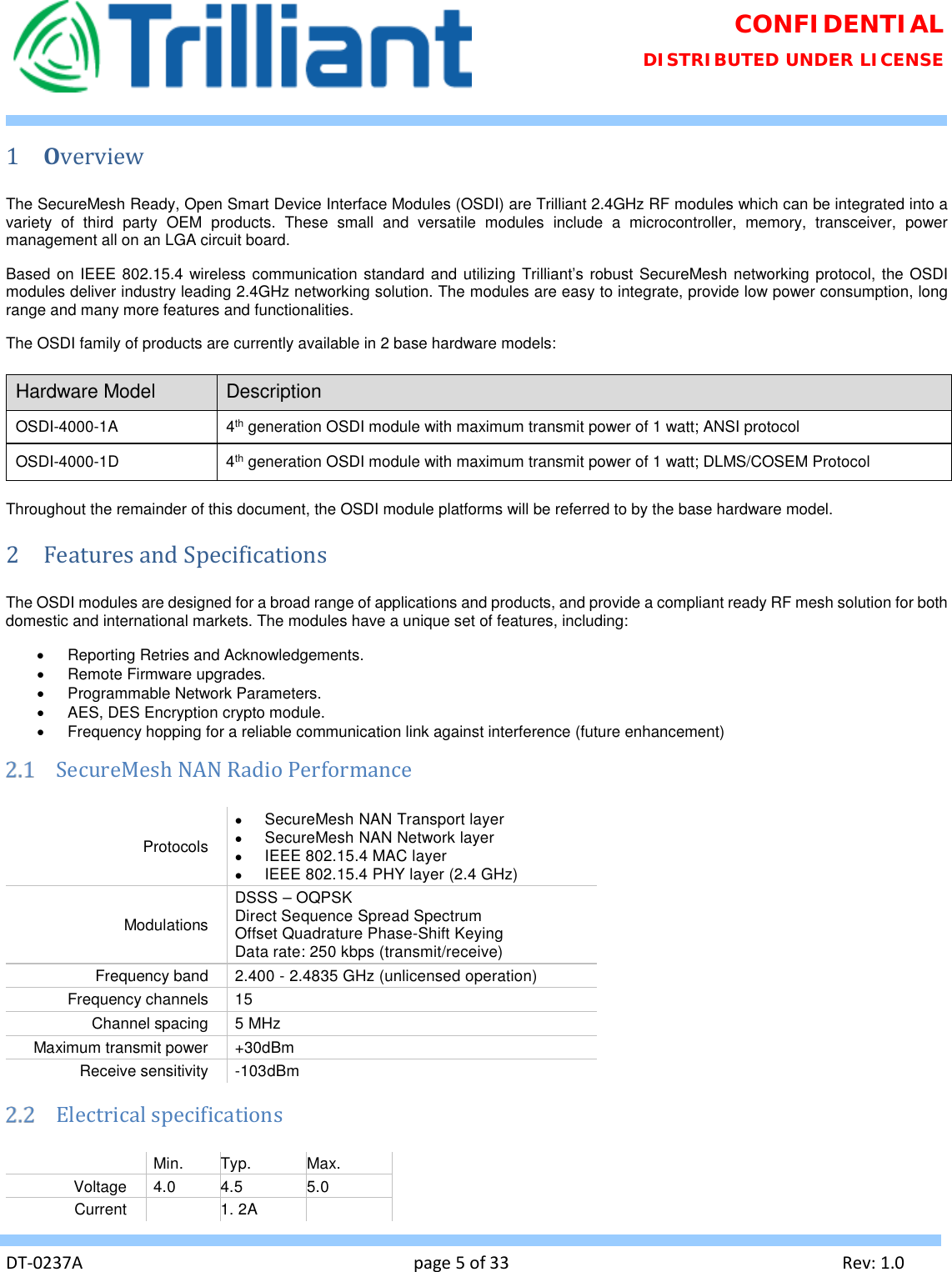 Page 5 of Trilliant Networks OSDI4W1 2.4 GHz Digitally modulated transmitter User Manual Usermanual