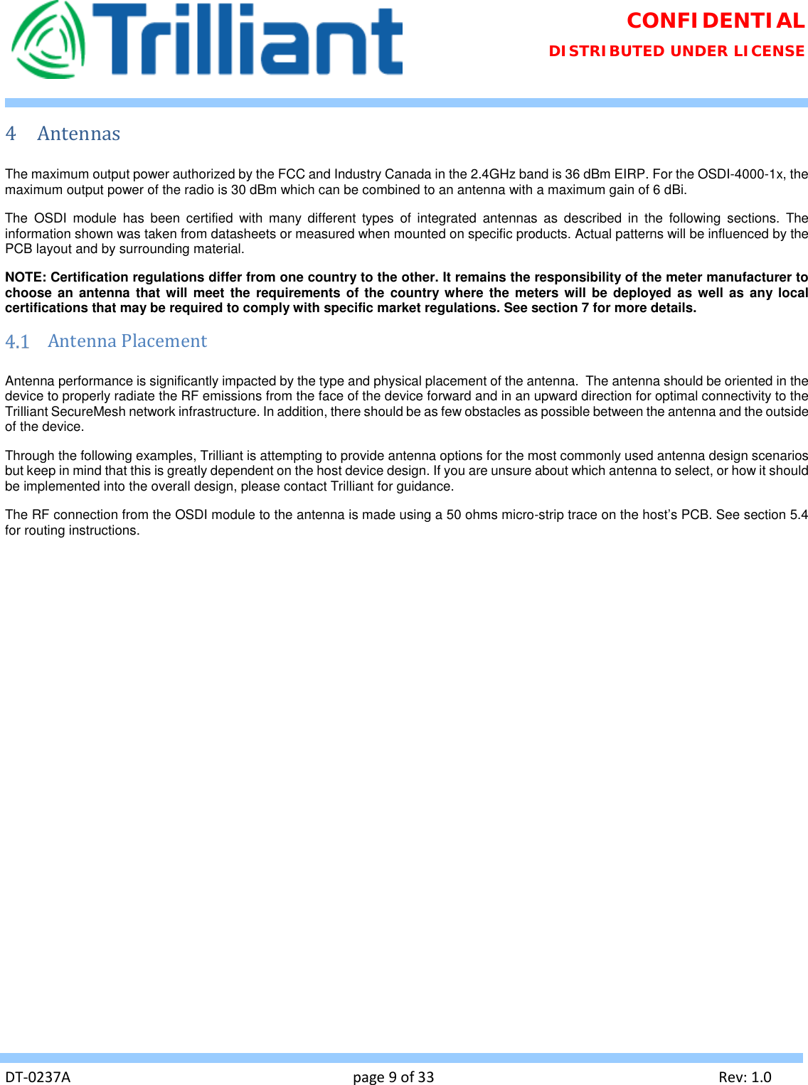 Page 9 of Trilliant Networks OSDI4W1 2.4 GHz Digitally modulated transmitter User Manual Usermanual