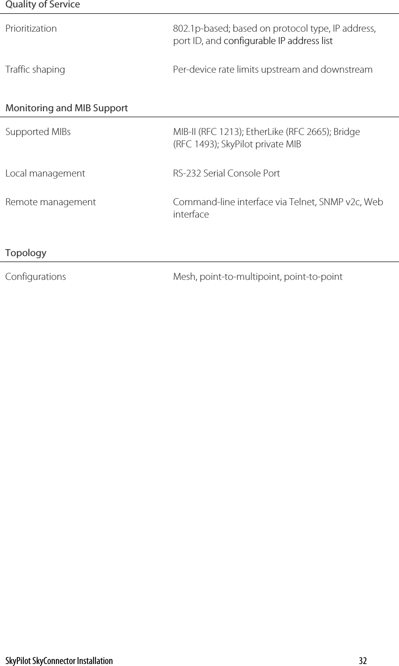 Quality of Service   Prioritization  802.1p-based; based on protocol type, IP address, port ID, and configurable IP address list Traffic shaping  Per-device rate limits upstream and downstream Monitoring and MIB Support   Supported MIBs  MIB-II (RFC 1213); EtherLike (RFC 2665); Bridge (RFC 1493); SkyPilot private MIB Local management  RS-232 Serial Console Port Remote management  Command-line interface via Telnet, SNMP v2c, Web interface Topology  Configurations Mesh, point-to-multipoint, point-to-point  SkyPilot SkyConnector Installation    32 