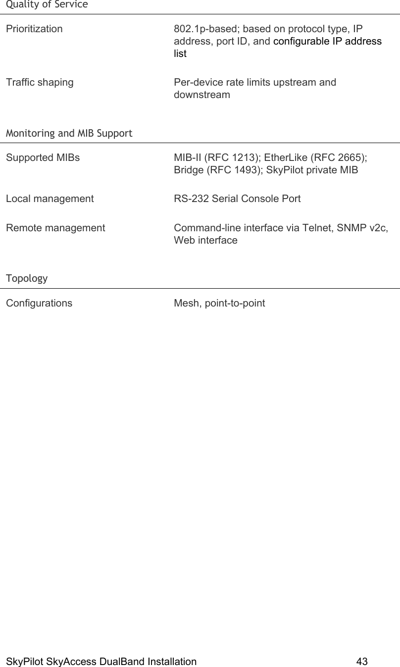 SkyPilot SkyAccess DualBand Installation    43  Quality of Service   Prioritization  802.1p-based; based on protocol type, IP address, port ID, and configurable IP address list Traffic shaping  Per-device rate limits upstream and downstream Monitoring and MIB Support   Supported MIBs  MIB-II (RFC 1213); EtherLike (RFC 2665); Bridge (RFC 1493); SkyPilot private MIB Local management  RS-232 Serial Console Port Remote management  Command-line interface via Telnet, SNMP v2c, Web interface Topology  Configurations Mesh, point-to-point   