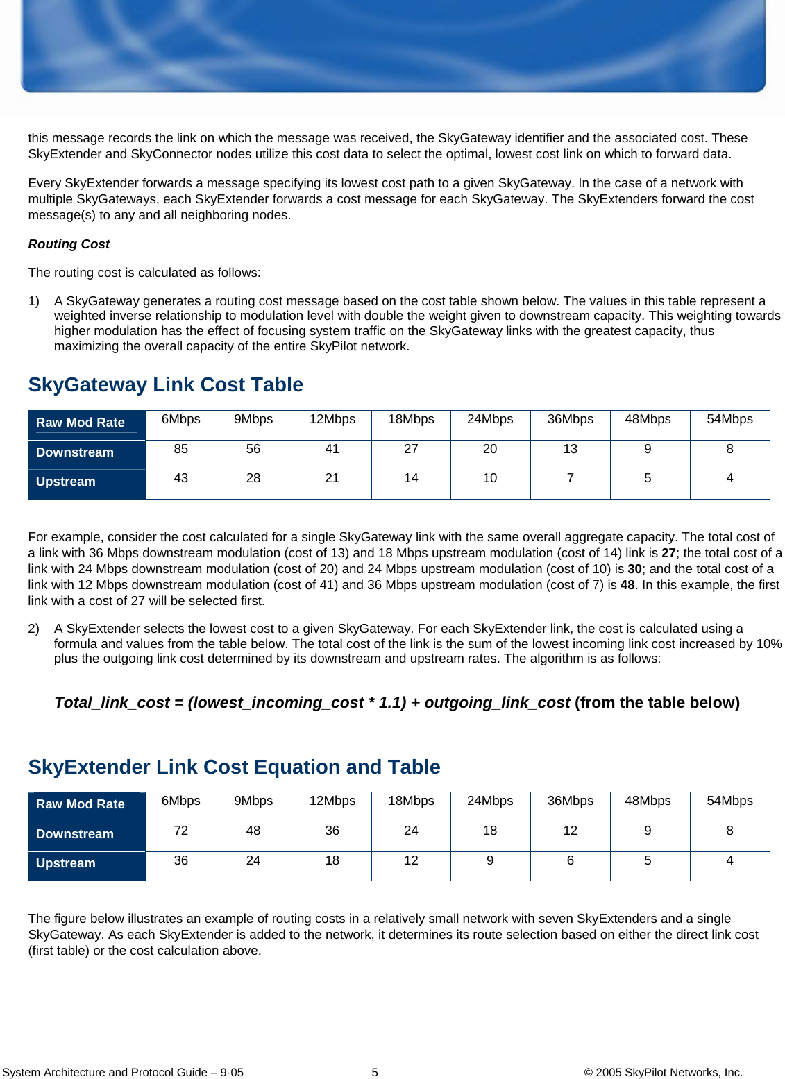  System Architecture and Protocol Guide – 9-05  5  © 2005 SkyPilot Networks, Inc. this message records the link on which the message was received, the SkyGateway identifier and the associated cost. These SkyExtender and SkyConnector nodes utilize this cost data to select the optimal, lowest cost link on which to forward data.  Every SkyExtender forwards a message specifying its lowest cost path to a given SkyGateway. In the case of a network with multiple SkyGateways, each SkyExtender forwards a cost message for each SkyGateway. The SkyExtenders forward the cost message(s) to any and all neighboring nodes.  Routing Cost The routing cost is calculated as follows: 1)  A SkyGateway generates a routing cost message based on the cost table shown below. The values in this table represent a weighted inverse relationship to modulation level with double the weight given to downstream capacity. This weighting towards higher modulation has the effect of focusing system traffic on the SkyGateway links with the greatest capacity, thus maximizing the overall capacity of the entire SkyPilot network.   SkyGateway Link Cost Table Raw Mod Rate  6Mbps 9Mbps  12Mbps 18Mbps 24Mbps 36Mbps 48Mbps  54Mbps Downstream  85 56 41 27 20 13  9  8 Upstream  43 28 21 14 10  7  5  4  For example, consider the cost calculated for a single SkyGateway link with the same overall aggregate capacity. The total cost of a link with 36 Mbps downstream modulation (cost of 13) and 18 Mbps upstream modulation (cost of 14) link is 27; the total cost of a link with 24 Mbps downstream modulation (cost of 20) and 24 Mbps upstream modulation (cost of 10) is 30; and the total cost of a link with 12 Mbps downstream modulation (cost of 41) and 36 Mbps upstream modulation (cost of 7) is 48. In this example, the first link with a cost of 27 will be selected first.  2)  A SkyExtender selects the lowest cost to a given SkyGateway. For each SkyExtender link, the cost is calculated using a formula and values from the table below. The total cost of the link is the sum of the lowest incoming link cost increased by 10% plus the outgoing link cost determined by its downstream and upstream rates. The algorithm is as follows:   Total_link_cost = (lowest_incoming_cost * 1.1) + outgoing_link_cost (from the table below)  SkyExtender Link Cost Equation and Table Raw Mod Rate  6Mbps 9Mbps  12Mbps 18Mbps 24Mbps 36Mbps 48Mbps  54Mbps Downstream  72 48 36 24 18 12  9  8 Upstream  36 24  18  12  9  6  5  4  The figure below illustrates an example of routing costs in a relatively small network with seven SkyExtenders and a single SkyGateway. As each SkyExtender is added to the network, it determines its route selection based on either the direct link cost (first table) or the cost calculation above.   