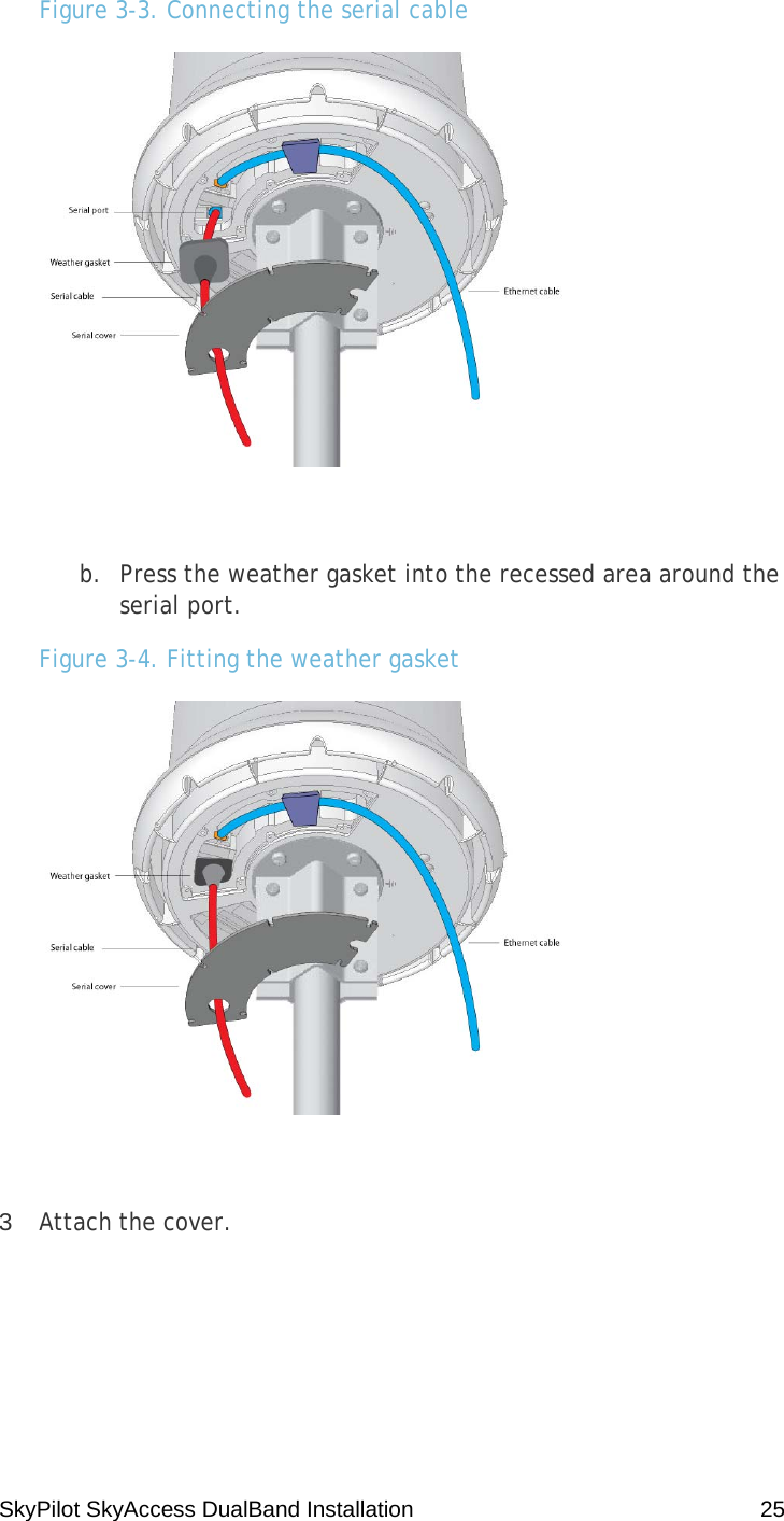 SkyPilot SkyAccess DualBand Installation    25 Figure 3-3. Connecting the serial cable   b. Press the weather gasket into the recessed area around the serial port. Figure 3-4. Fitting the weather gasket   3  Attach the cover. 