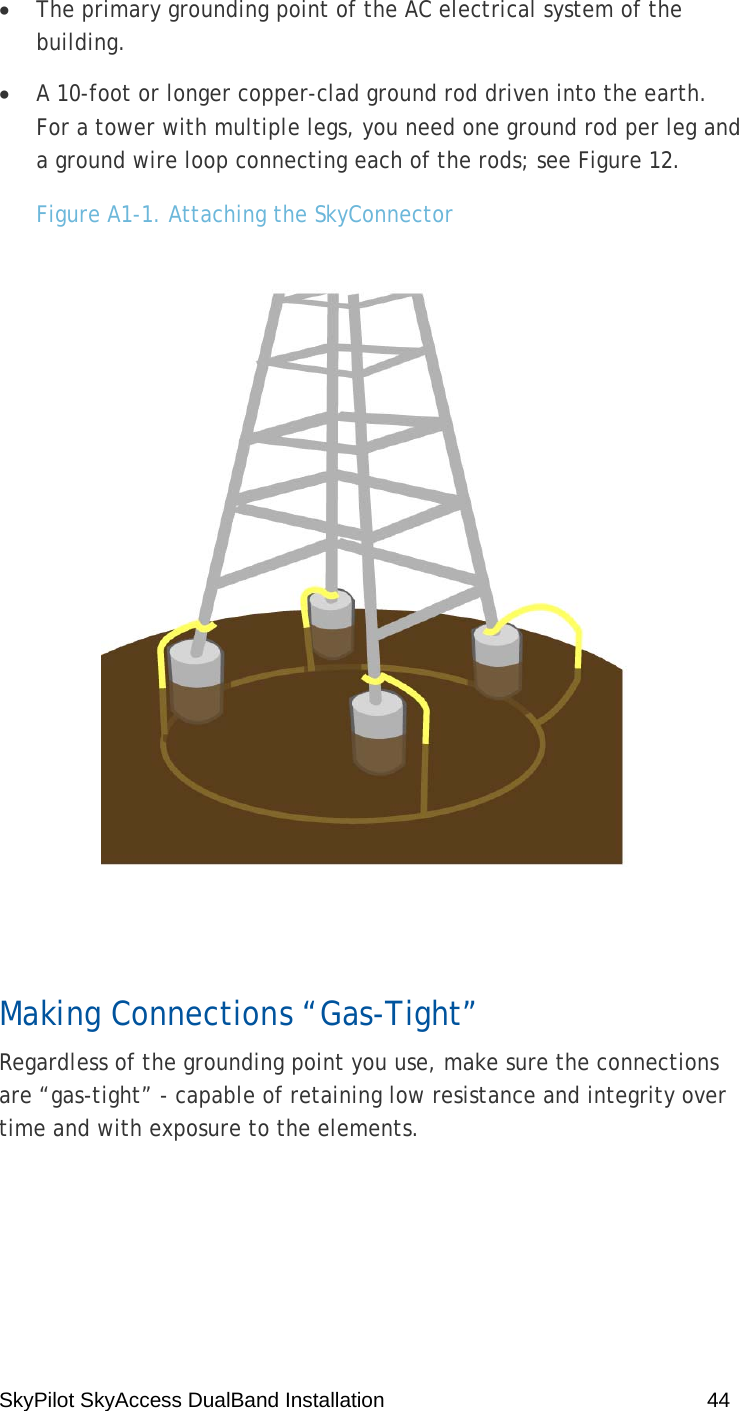 SkyPilot SkyAccess DualBand Installation    44 • The primary grounding point of the AC electrical system of the building. • A 10-foot or longer copper-clad ground rod driven into the earth. For a tower with multiple legs, you need one ground rod per leg and a ground wire loop connecting each of the rods; see Figure 12. Figure A1-1. Attaching the SkyConnector  Making Connections “Gas-Tight” Regardless of the grounding point you use, make sure the connections are “gas-tight” - capable of retaining low resistance and integrity over time and with exposure to the elements. 