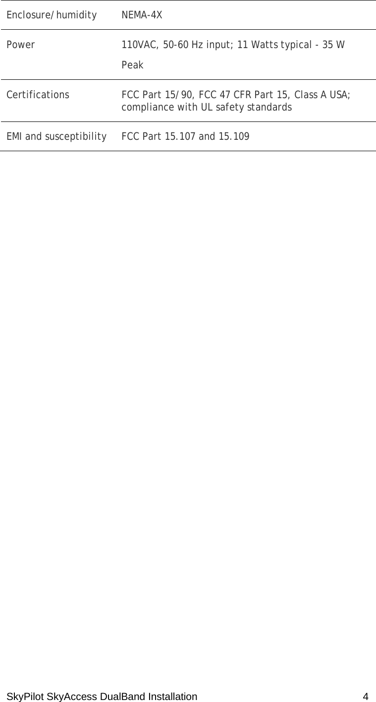 SkyPilot SkyAccess DualBand Installation    4 Enclosure/humidity NEMA-4X Power  110VAC, 50-60 Hz input; 11 Watts typical - 35 W Peak Certifications  FCC Part 15/90, FCC 47 CFR Part 15, Class A USA; compliance with UL safety standards EMI and susceptibility  FCC Part 15.107 and 15.109   