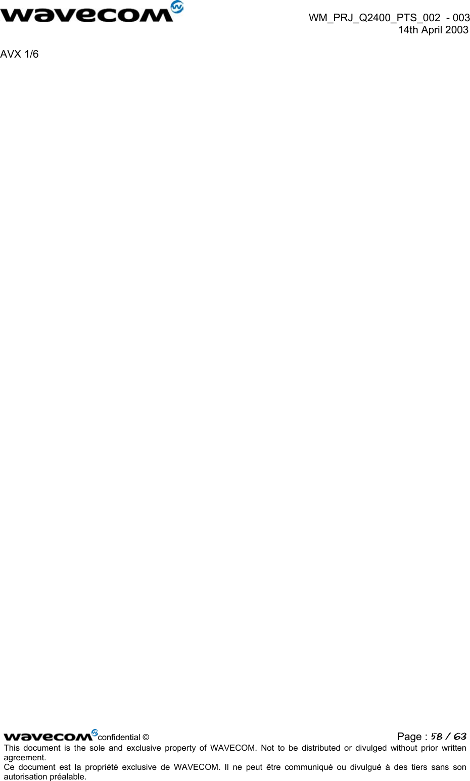  WM_PRJ_Q2400_PTS_002  - 003  14th April 2003   AVX 1/6 confidential © Page : 58 / 63This document is the sole and exclusive property of WAVECOM. Not to be distributed or divulged without prior written agreement.  Ce document est la propriété exclusive de WAVECOM. Il ne peut être communiqué ou divulgué à des tiers sans son autorisation préalable.  