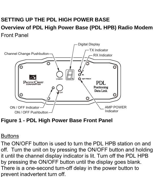  SETTING UP THE PDL HIGH POWER BASE Overview of PDL High Power Base (PDL HPB) Radio Modem Front Panel Digital DisplayTX IndicatorRX IndicatorChannel Change PushbuttonAMP POWERIndicatorON / OFF IndicatorON / OFF PushbuttonFigure 1 - PDL High Power Base Front Panel  Buttons The ON/OFF button is used to turn the PDL HPB station on and off.  Turn the unit on by pressing the ON/OFF button and holding it until the channel display indicator is lit. Turn off the PDL HPB by pressing the ON/OFF button until the display goes blank.  There is a one-second turn-off delay in the power button to prevent inadvertent turn off.   