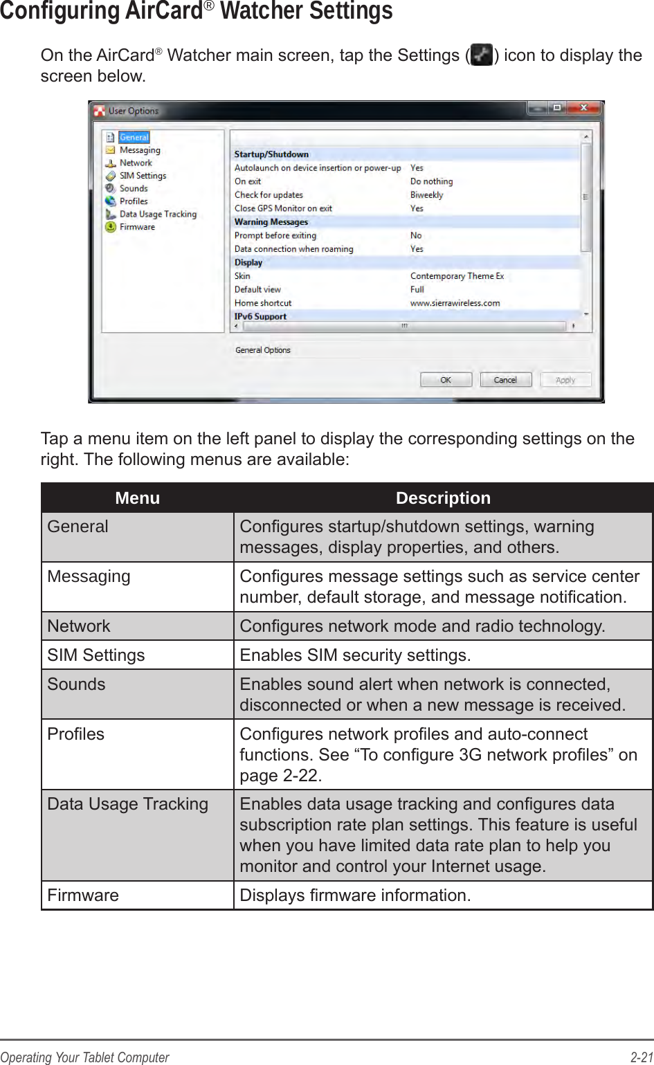 2-21Operating Your Tablet ComputerConguring AirCard&reg; Watcher SettingsOn the AirCard&reg; Watcher main screen, tap the Settings ( ) icon to display the screen below.Tap a menu item on the left panel to display the corresponding settings on the right. The following menus are available:Menu DescriptionGeneral Congures startup/shutdown settings, warning messages, display properties, and others.Messaging Congures message settings such as service center number, default storage, and message notication.Network Congures network mode and radio technology.SIM Settings Enables SIM security settings.Sounds Enables sound alert when network is connected, disconnected or when a new message is received.Proles Congures network proles and auto-connect functions. See &ldquo;To congure 3G network proles&rdquo; on page 2-22.Data Usage Tracking Enables data usage tracking and congures data subscription rate plan settings. This feature is useful when you have limited data rate plan to help you monitor and control your Internet usage.Firmware Displays rmware information.