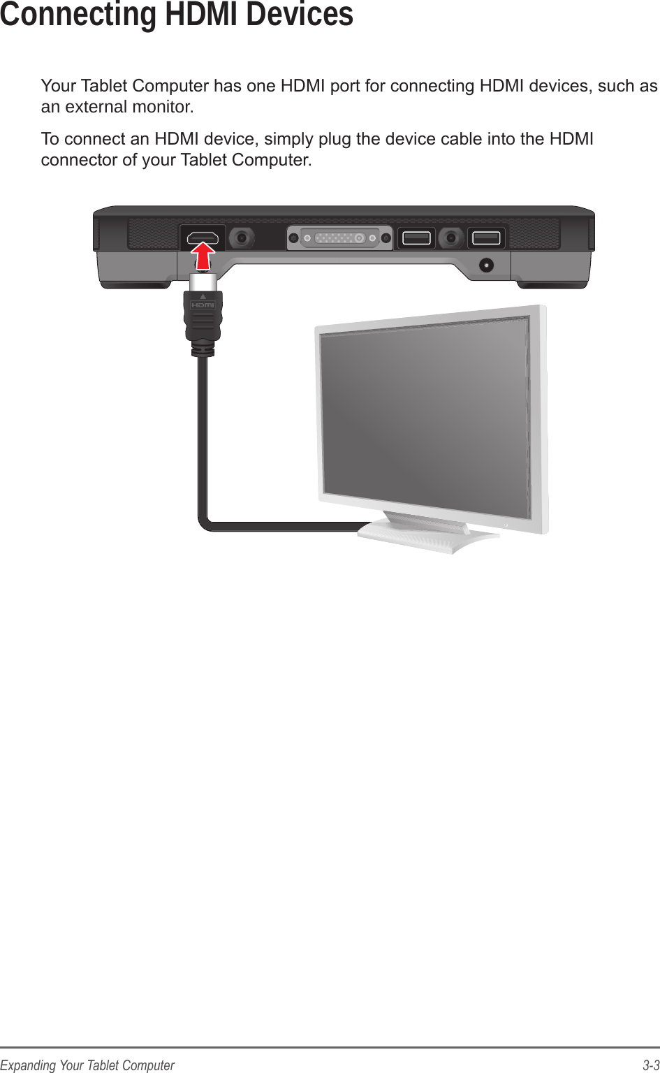 3-3Expanding Your Tablet ComputerConnecting HDMI DevicesYour Tablet Computer has one HDMI port for connecting HDMI devices, such as an external monitor.To connect an HDMI device, simply plug the device cable into the HDMI connector of your Tablet Computer.