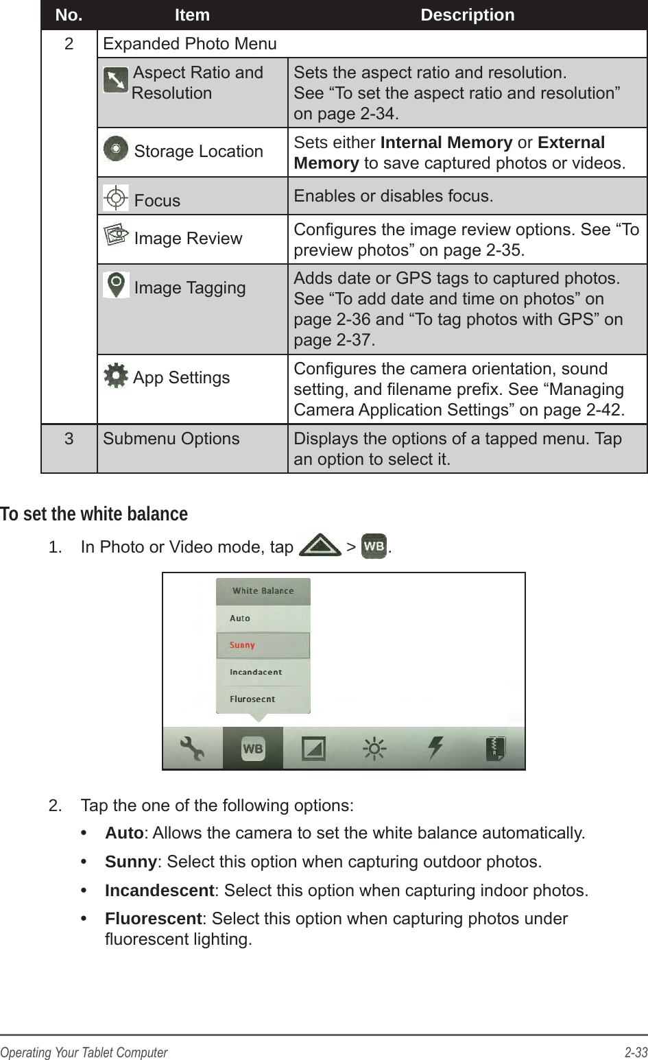 2-33Operating Your Tablet ComputerNo. Item Description2Expanded Photo Menu Aspect Ratio and       ResolutionSets the aspect ratio and resolution.  See &ldquo;To set the aspect ratio and resolution&rdquo; on page 2-34. Storage Location Sets either Internal Memory or External Memory to save captured photos or videos. Focus Enables or disables focus. Image Review Congures the image review options. See &ldquo;To preview photos&rdquo; on page 2-35. Image Tagging Adds date or GPS tags to captured photos. See &ldquo;To add date and time on photos&rdquo; on page 2-36 and &ldquo;To tag photos with GPS&rdquo; on page 2-37. App Settings Congures the camera orientation, sound setting, and lename prex. See &ldquo;Managing Camera Application Settings&rdquo; on page 2-42.3Submenu Options Displays the options of a tapped menu. Tap an option to select it.To set the white balance1.  In Photo or Video mode, tap   >  .2.  Tap the one of the following options:&bull;  Auto: Allows the camera to set the white balance automatically.&bull;  Sunny: Select this option when capturing outdoor photos.&bull;  Incandescent: Select this option when capturing indoor photos.&bull;  Fluorescent: Select this option when capturing photos under uorescent lighting.