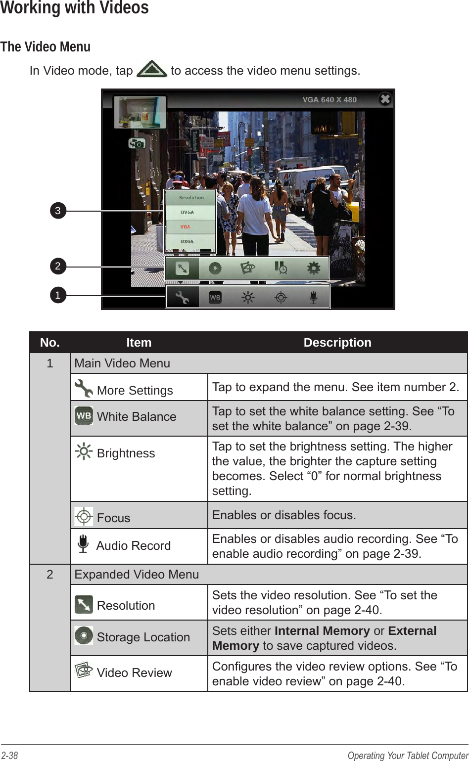 2-38 Operating Your Tablet ComputerWorking with VideosThe Video MenuIn Video mode, tap   to access the video menu settings.      213No. Item Description1Main Video Menu More Settings Tap to expand the menu. See item number 2. White Balance Tap to set the white balance setting. See &ldquo;To set the white balance&rdquo; on page 2-39. Brightness Tap to set the brightness setting. The higher the value, the brighter the capture setting becomes. Select &ldquo;0&rdquo; for normal brightness setting. Focus Enables or disables focus. Audio Record Enables or disables audio recording. See &ldquo;To enable audio recording&rdquo; on page 2-39.2Expanded Video Menu Resolution Sets the video resolution. See &ldquo;To set the video resolution&rdquo; on page 2-40. Storage Location Sets either Internal Memory or External Memory to save captured videos. Video Review Congures the video review options. See &ldquo;To enable video review&rdquo; on page 2-40.
