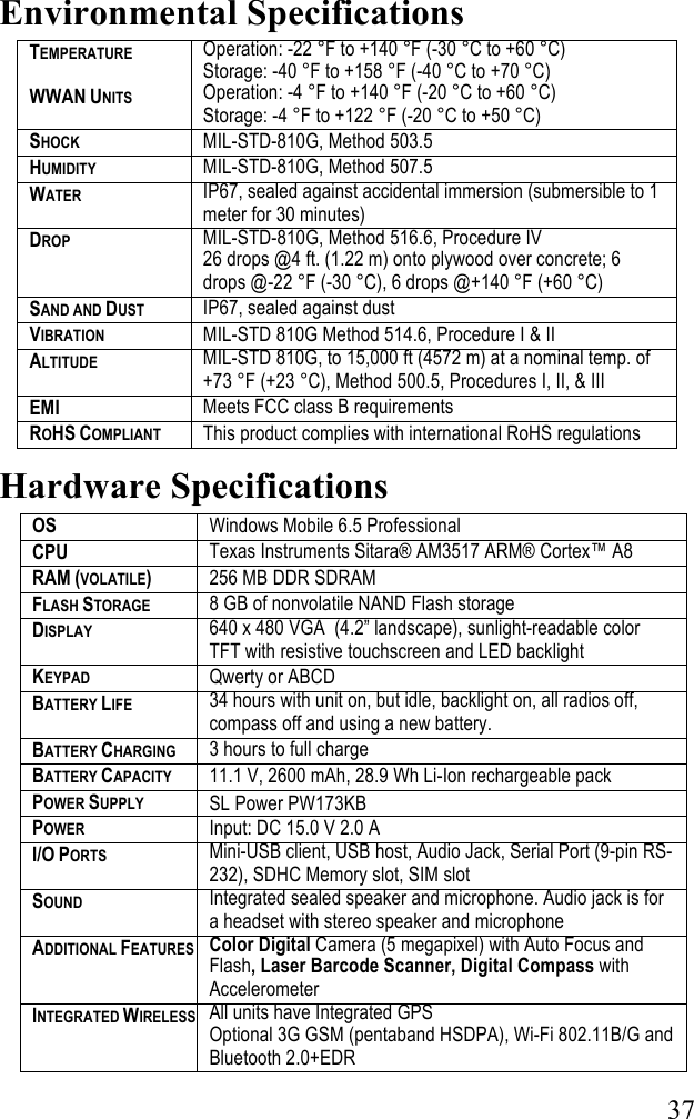   37 Environmental Specifications TEMPERATURE  WWAN UNITS Operation: -22 &deg;F to +140 &deg;F (-30 &deg;C to +60 &deg;C)  Storage: -40 &deg;F to +158 &deg;F (-40 &deg;C to +70 &deg;C)  Operation: -4 &deg;F to +140 &deg;F (-20 &deg;C to +60 &deg;C)  Storage: -4 &deg;F to +122 &deg;F (-20 &deg;C to +50 &deg;C)  SHOCK MIL-STD-810G, Method 503.5 HUMIDITY MIL-STD-810G, Method 507.5 WATER  IP67, sealed against accidental immersion (submersible to 1 meter for 30 minutes) DROP MIL-STD-810G, Method 516.6, Procedure IV 26 drops @4 ft. (1.22 m) onto plywood over concrete; 6 drops @-22 &deg;F (-30 &deg;C), 6 drops @+140 &deg;F (+60 &deg;C)  SAND AND DUST IP67, sealed against dust VIBRATION MIL-STD 810G Method 514.6, Procedure I &amp; II ALTITUDE MIL-STD 810G, to 15,000 ft (4572 m) at a nominal temp. of +73 &deg;F (+23 &deg;C), Method 500.5, Procedures I, II, &amp; III EMI Meets FCC class B requirements ROHS COMPLIANT This product complies with international RoHS regulations  Hardware Specifications OS  Windows Mobile 6.5 Professional CPU Texas Instruments Sitara&reg; AM3517 ARM&reg; Cortex&trade; A8 RAM (VOLATILE) 256 MB DDR SDRAM FLASH STORAGE  8 GB of nonvolatile NAND Flash storage DISPLAY 640 x 480 VGA  (4.2&rdquo; landscape), sunlight-readable color TFT with resistive touchscreen and LED backlight KEYPAD Qwerty or ABCD BATTERY LIFE 34 hours with unit on, but idle, backlight on, all radios off, compass off and using a new battery. BATTERY CHARGING 3 hours to full charge  BATTERY CAPACITY 11.1 V, 2600 mAh, 28.9 Wh Li-Ion rechargeable pack POWER SUPPLY SL Power PW173KB POWER Input: DC 15.0 V 2.0 A I/O PORTS Mini-USB client, USB host, Audio Jack, Serial Port (9-pin RS-232), SDHC Memory slot, SIM slot  SOUND Integrated sealed speaker and microphone. Audio jack is for a headset with stereo speaker and microphone ADDITIONAL FEATURES Color Digital Camera (5 megapixel) with Auto Focus and Flash, Laser Barcode Scanner, Digital Compass with Accelerometer INTEGRATED WIRELESS  All units have Integrated GPS Optional 3G GSM (pentaband HSDPA), Wi-Fi 802.11B/G and Bluetooth 2.0+EDR 