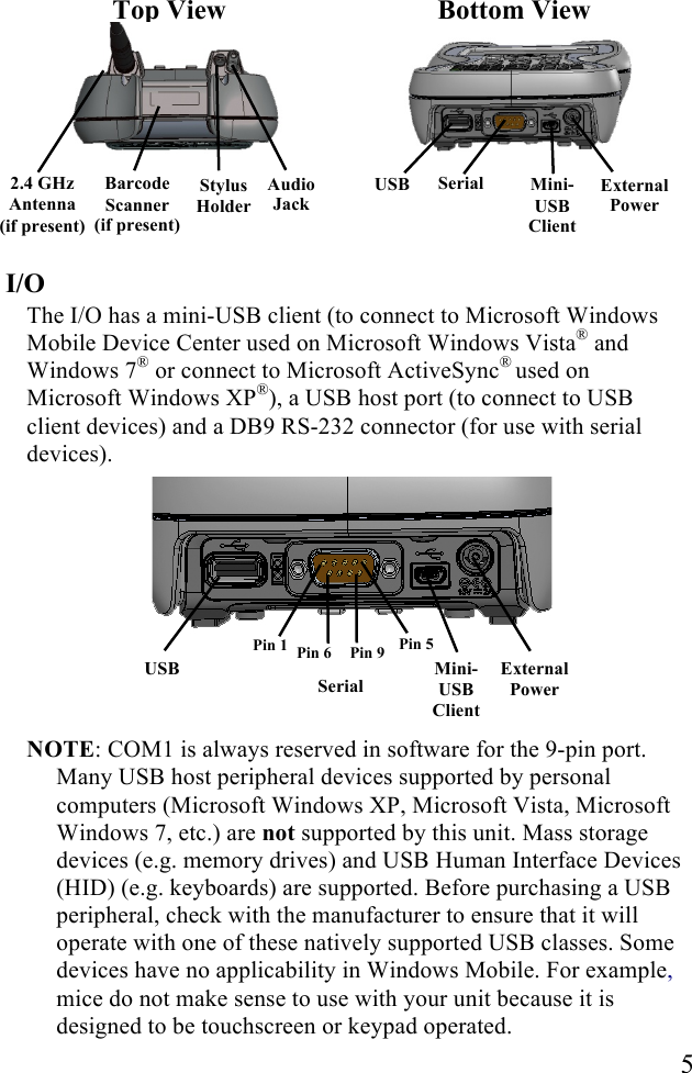   5  Top View  Bottom View             I/O The I/O has a mini-USB client (to connect to Microsoft Windows Mobile Device Center used on Microsoft Windows Vista&reg; and Windows 7&reg; or connect to Microsoft ActiveSync&reg; used on Microsoft Windows XP&reg;), a USB host port (to connect to USB client devices) and a DB9 RS-232 connector (for use with serial devices).      NOTE: COM1 is always reserved in software for the 9-pin port. Many USB host peripheral devices supported by personal computers (Microsoft Windows XP, Microsoft Vista, Microsoft Windows 7, etc.) are not supported by this unit. Mass storage devices (e.g. memory drives) and USB Human Interface Devices (HID) (e.g. keyboards) are supported. Before purchasing a USB peripheral, check with the manufacturer to ensure that it will operate with one of these natively supported USB classes. Some devices have no applicability in Windows Mobile. For example, mice do not make sense to use with your unit because it is designed to be touchscreen or keypad operated. Serial External Power   USB  Barcode Scanner (if present) Stylus Holder 2.4 GHz Antenna (if present)  Audio Jack Mini- USB Client Pin 5 Pin 1 Pin 9 Pin 6 Serial External Power   USB  Mini- USB Client 