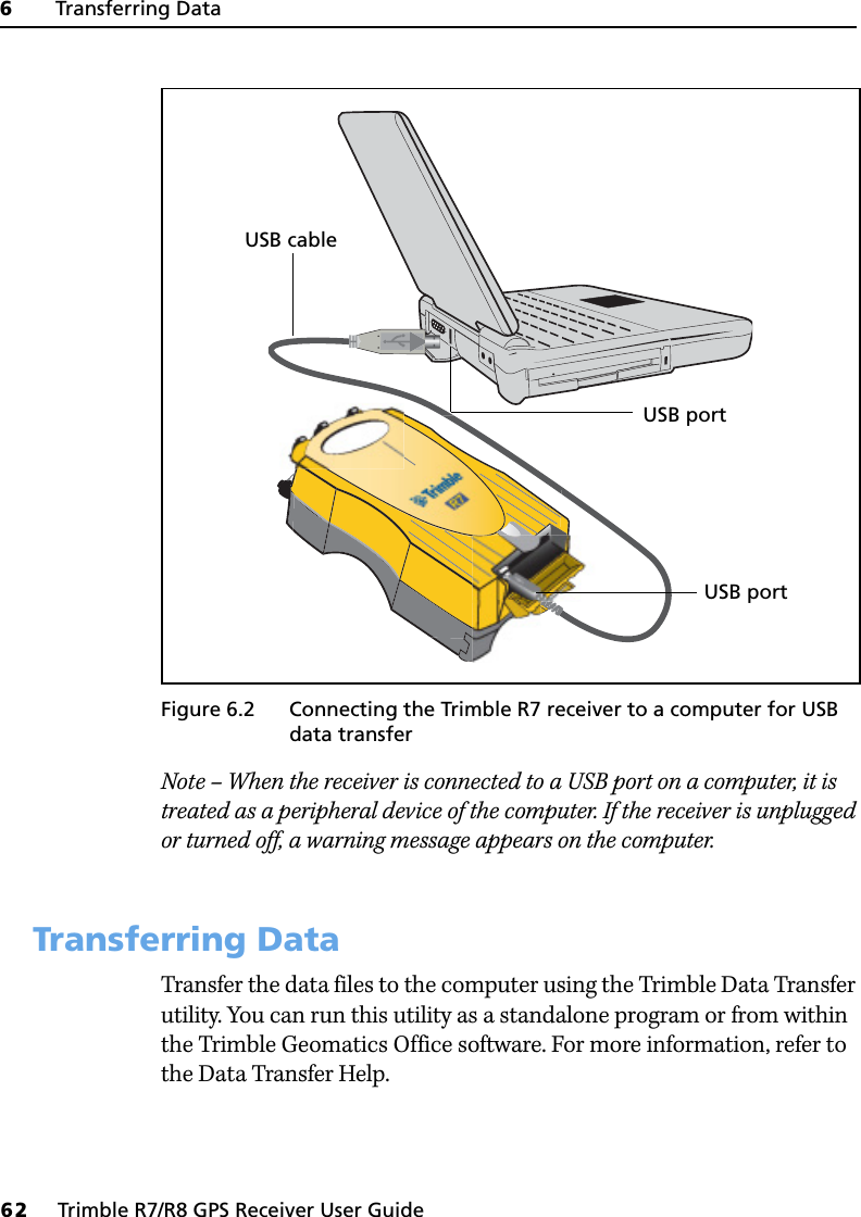 6     Transferring Data62     Trimble R7/R8 GPS Receiver User GuideTrimble R7 GPS Receiver Operation Figure 6.2 Connecting the Trimble R7 receiver to a computer for USB data transfer Note – When the receiver is connected to a USB port on a computer, it is treated as a peripheral device of the computer. If the receiver is unplugged or turned off, a warning message appears on the computer.6.2 Transferring DataTransfer the data files to the computer using the Trimble Data Transfer utility. You can run this utility as a standalone program or from within the Trimble Geomatics Office software. For more information, refer to the Data Transfer Help.USB cableUSB portUSB port