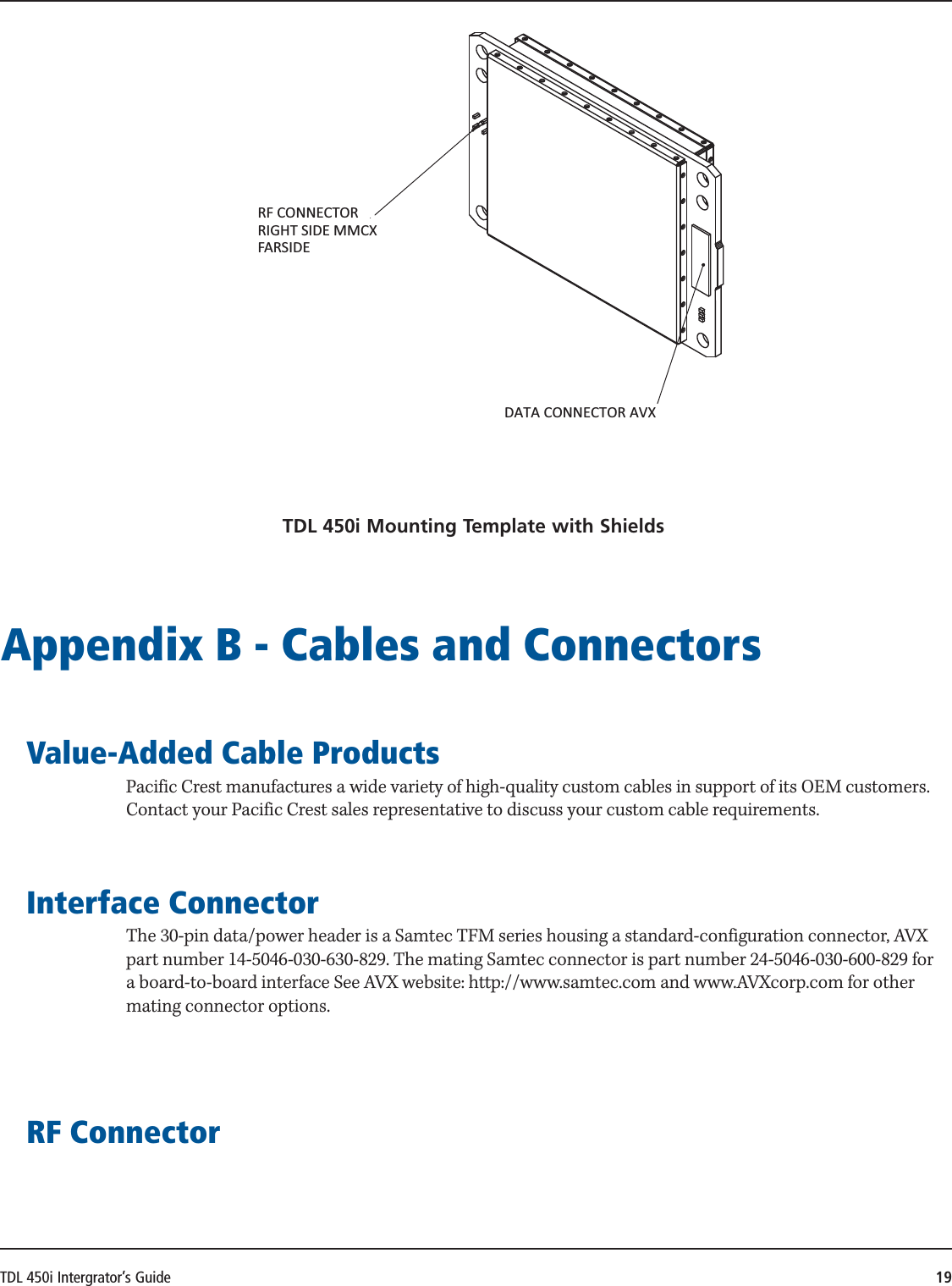 TDL 450i Intergrator’s Guide 19RF CONNECTORRIGHT SIDE MMCXFARSIDEDATA CONNECTOR AVXTDL 450i Mounting Template with ShieldsAppendix B - Cables and ConnectorsValue-Added Cable ProductsPacific Crest manufactures a wide variety of high-quality custom cables in support of its OEM customers.  Contact your Pacific Crest sales representative to discuss your custom cable requirements.Interface ConnectorThe 30-pin data/power header is a Samtec TFM series housing a standard-configuration connector, AVX part number 14-5046-030-630-829. The mating Samtec connector is part number 24-5046-030-600-829 for a board-to-board interface See AVX website: http://www.samtec.com and www.AVXcorp.com for other mating connector options.RF Connector