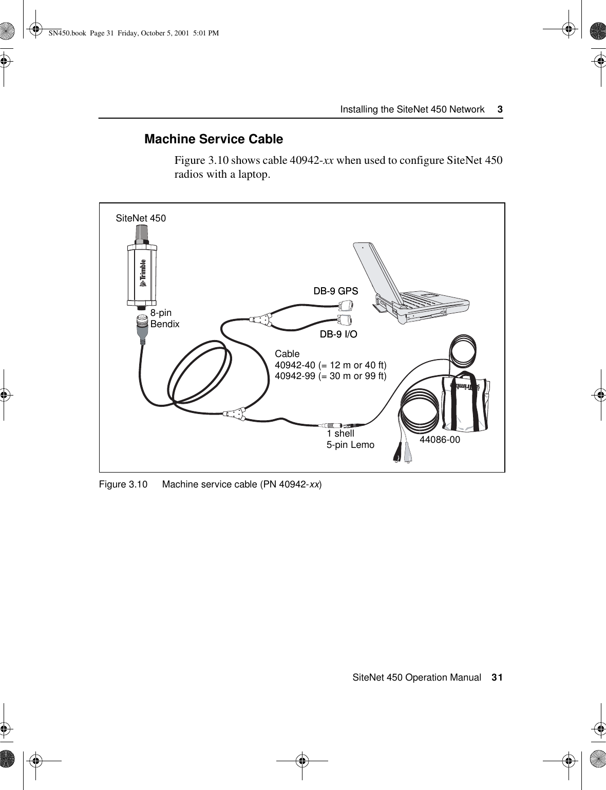  SiteNet 450 Operation Manual    31Installing the SiteNet 450 Network     33.4.3Machine Service CableFigure 3.10 shows cable 40942-xx when used to configure SiteNet 450 radios with a laptop.Figure 3.10  Machine service cable (PN 40942-xx)SiteNet 450Cable40942-40 (= 12 m or 40 ft)40942-99 (= 30 m or 99 ft)44086-008-pinBendixDB-9 GPSDB-9 I/O1 shell5-pin LemoDB-9 GPSDB-9 I/OSN450.book  Page 31  Friday, October 5, 2001  5:01 PM