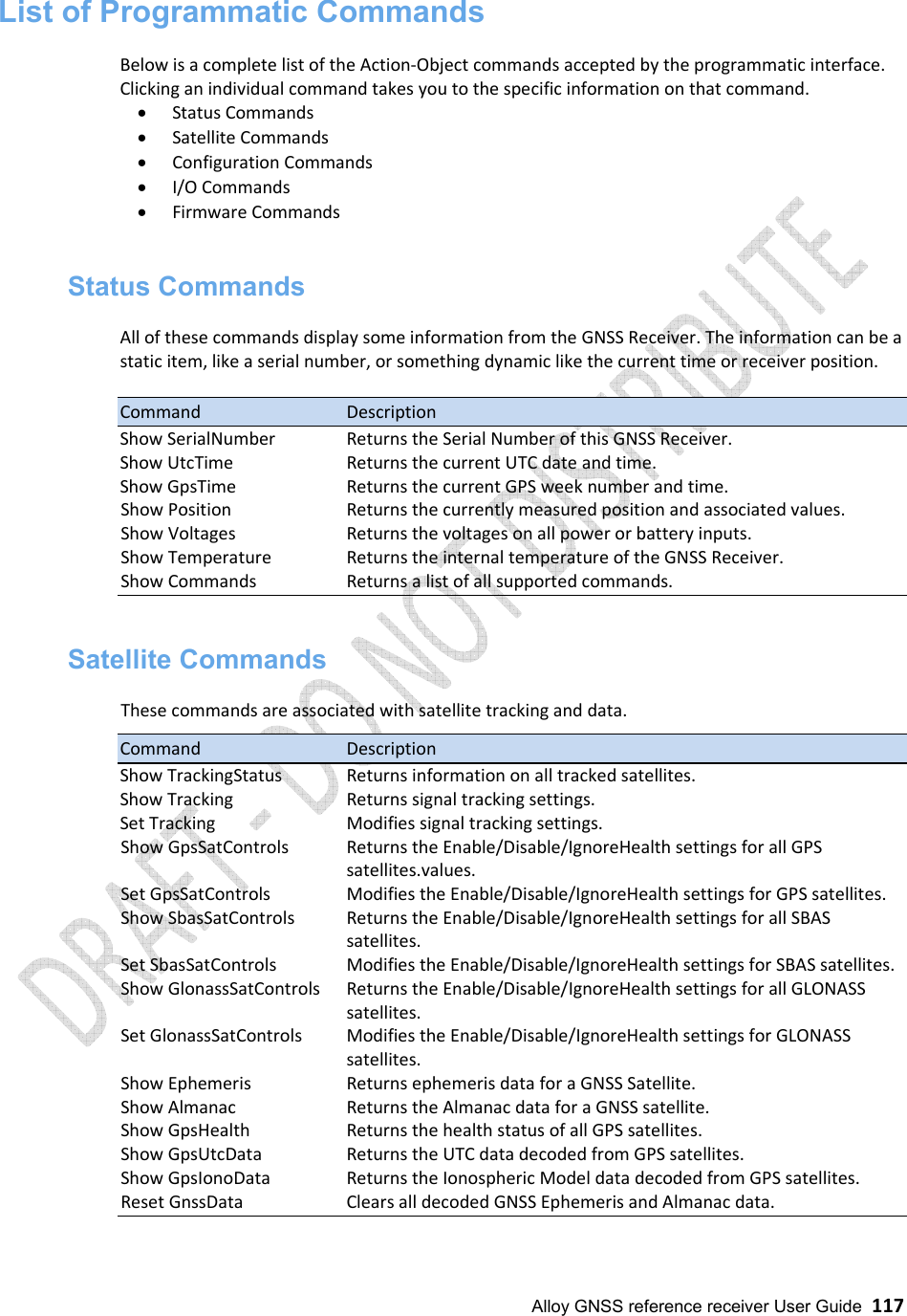  Alloy GNSS reference receiver User Guide  117 List of Programmatic Commands  Below is a complete list of the Action-Object commands accepted by the programmatic interface. Clicking an individual command takes you to the specific information on that command.  • Status Commands  • Satellite Commands  • Configuration Commands  • I/O Commands  • Firmware Commands    Status Commands  All of these commands display some information from the GNSS Receiver. The information can be a static item, like a serial number, or something dynamic like the current time or receiver position.   Command      Description  Show SerialNumber   Returns the Serial Number of this GNSS Receiver. Show UtcTime    Returns the current UTC date and time. Show GpsTime    Returns the current GPS week number and time. Show Position    Returns the currently measured position and associated values. Show Voltages    Returns the voltages on all power or battery inputs. Show Temperature   Returns the internal temperature of the GNSS Receiver. Show Commands    Returns a list of all supported commands.   Satellite Commands  These commands are associated with satellite tracking and data.  Command      Description  Show TrackingStatus  Returns information on all tracked satellites. Show Tracking    Returns signal tracking settings. Set Tracking    Modifies signal tracking settings. Show GpsSatControls  Returns the Enable/Disable/IgnoreHealth settings for all GPS satellites.values. Set GpsSatControls  Modifies the Enable/Disable/IgnoreHealth settings for GPS satellites. Show SbasSatControls  Returns the Enable/Disable/IgnoreHealth settings for all SBAS satellites. Set SbasSatControls  Modifies the Enable/Disable/IgnoreHealth settings for SBAS satellites. Show GlonassSatControls  Returns the Enable/Disable/IgnoreHealth settings for all GLONASS satellites. Set GlonassSatControls  Modifies the Enable/Disable/IgnoreHealth settings for GLONASS satellites. Show Ephemeris  Returns ephemeris data for a GNSS Satellite. Show Almanac  Returns the Almanac data for a GNSS satellite. Show GpsHealth  Returns the health status of all GPS satellites. Show GpsUtcData  Returns the UTC data decoded from GPS satellites. Show GpsIonoData  Returns the Ionospheric Model data decoded from GPS satellites. Reset GnssData  Clears all decoded GNSS Ephemeris and Almanac data.  