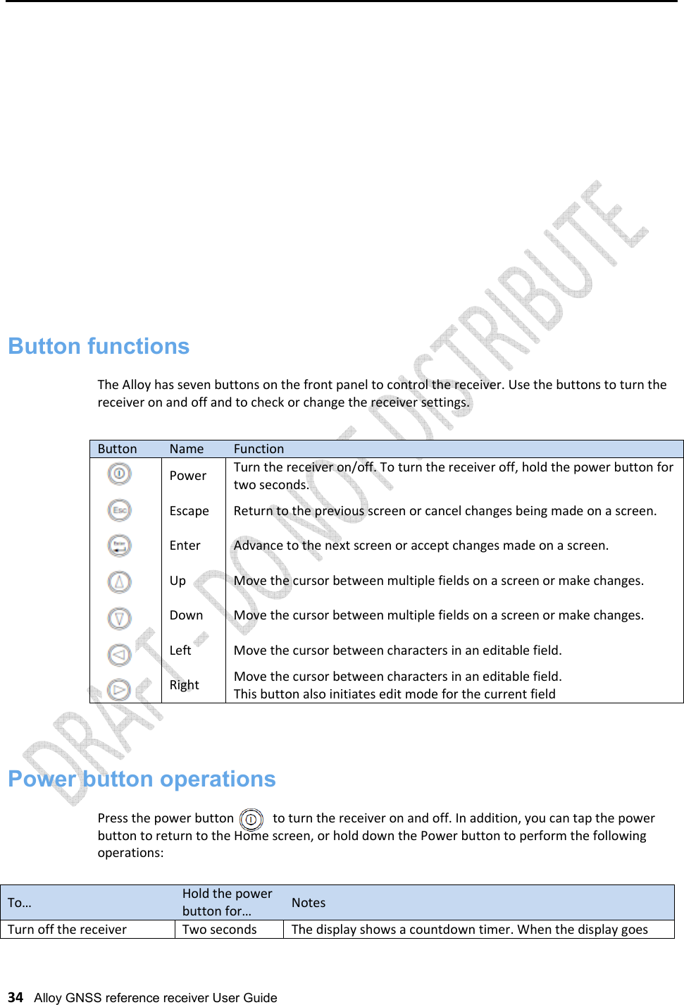   34   Alloy GNSS reference receiver User Guide                        Button functions  The Alloy has seven buttons on the front panel to control the receiver. Use the buttons to turn the receiver on and off and to check or change the receiver settings.                 Power button operations  Press the power button            to turn the receiver on and off. In addition, you can tap the power button to return to the Home screen, or hold down the Power button to perform the following operations:  Button Name Function   Power Turn the receiver on/off. To turn the receiver off, hold the power button for two seconds.   Escape  Return to the previous screen or cancel changes being made on a screen.   Enter  Advance to the next screen or accept changes made on a screen.   Up  Move the cursor between multiple fields on a screen or make changes.   Down  Move the cursor between multiple fields on a screen or make changes.   Left  Move the cursor between characters in an editable field.   Right Move the cursor between characters in an editable field. This button also initiates edit mode for the current field To… Hold the power button for…  Notes Turn off the receiver Two seconds The display shows a countdown timer. When the display goes 