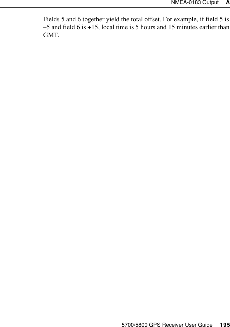5700/5800 GPS Receiver User Guide     195NMEA-0183 Output     A  5700 &amp; 5800 ReferenceFields 5 and 6 together yield the total offset. For example, if field 5 is –5 and field 6 is +15, local time is 5 hours and 15 minutes earlier than GMT.