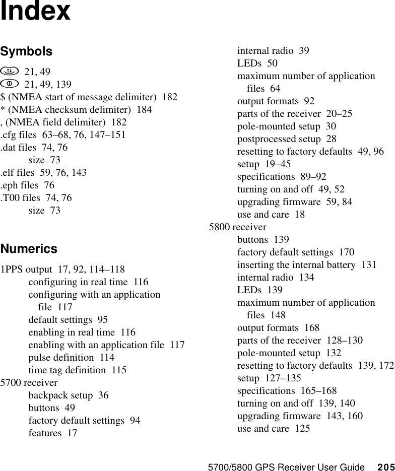 5700/5800 GPS Receiver User Guide     205IndexSymbols21, 4921, 49, 139$ (NMEA start of message delimiter) 182* (NMEA checksum delimiter) 184, (NMEA field delimiter) 182.cfg files 63–68, 76, 147–151.dat files 74, 76size 73.elf files 59, 76, 143.eph files 76.T00 files 74, 76size 73Numerics1PPS output 17, 92, 114–118configuring in real time 116configuring with an application file 117default settings 95enabling in real time 116enabling with an application file 117pulse definition 114time tag definition 1155700 receiverbackpack setup 36buttons 49factory default settings 94features 17internal radio 39LEDs 50maximum number of application files 64output formats 92parts of the receiver 20–25pole-mounted setup 30postprocessed setup 28resetting to factory defaults 49, 96setup 19–45specifications 89–92turning on and off 49, 52upgrading firmware 59, 84use and care 185800 receiverbuttons 139factory default settings 170inserting the internal battery 131internal radio 134LEDs 139maximum number of application files 148output formats 168parts of the receiver 128–130pole-mounted setup 132resetting to factory defaults 139, 172setup 127–135specifications 165–168turning on and off 139, 140upgrading firmware 143, 160use and care 125