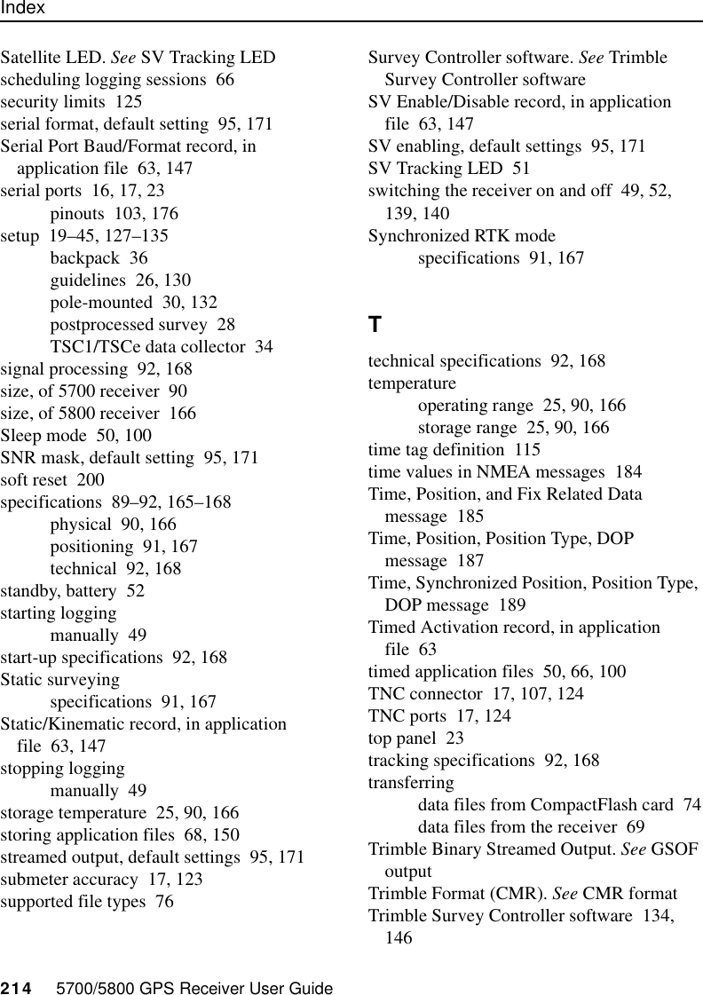 Index214     5700/5800 GPS Receiver User GuideSatellite LED. See SV Tracking LEDscheduling logging sessions 66security limits 125serial format, default setting 95, 171Serial Port Baud/Format record, in application file 63, 147serial ports 16, 17, 23pinouts 103, 176setup 19–45, 127–135backpack 36guidelines 26, 130pole-mounted 30, 132postprocessed survey 28TSC1/TSCe data collector 34signal processing 92, 168size, of 5700 receiver 90size, of 5800 receiver 166Sleep mode 50, 100SNR mask, default setting 95, 171soft reset 200specifications 89–92, 165–168physical 90, 166positioning 91, 167technical 92, 168standby, battery 52starting loggingmanually 49start-up specifications 92, 168Static surveyingspecifications 91, 167Static/Kinematic record, in application file 63, 147stopping loggingmanually 49storage temperature 25, 90, 166storing application files 68, 150streamed output, default settings 95, 171submeter accuracy 17, 123supported file types 76Survey Controller software. See Trimble Survey Controller softwareSV Enable/Disable record, in application file 63, 147SV enabling, default settings 95, 171SV Tracking LED 51switching the receiver on and off 49, 52, 139, 140Synchronized RTK modespecifications 91, 167Ttechnical specifications 92, 168temperatureoperating range 25, 90, 166storage range 25, 90, 166time tag definition 115time values in NMEA messages 184Time, Position, and Fix Related Data message 185Time, Position, Position Type, DOP message 187Time, Synchronized Position, Position Type, DOP message 189Timed Activation record, in application file 63timed application files 50, 66, 100TNC connector 17, 107, 124TNC ports 17, 124top panel 23tracking specifications 92, 168transferringdata files from CompactFlash card 74data files from the receiver 69Trimble Binary Streamed Output. See GSOF outputTrimble Format (CMR). See CMR formatTrimble Survey Controller software 134, 146