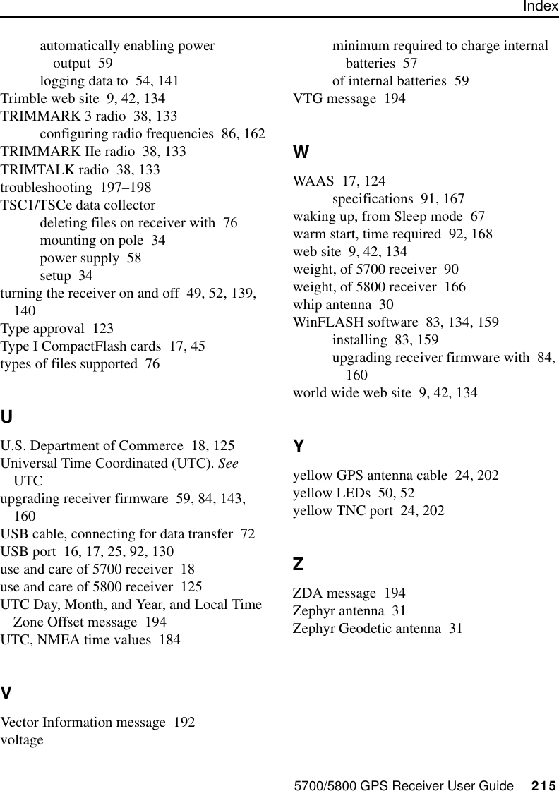 Index5700/5800 GPS Receiver User Guide     215automatically enabling power output 59logging data to 54, 141Trimble web site 9, 42, 134TRIMMARK 3 radio 38, 133configuring radio frequencies 86, 162TRIMMARK IIe radio 38, 133TRIMTALK radio 38, 133troubleshooting 197–198TSC1/TSCe data collectordeleting files on receiver with 76mounting on pole 34power supply 58setup 34turning the receiver on and off 49, 52, 139, 140Type approval 123Type I CompactFlash cards 17, 45types of files supported 76UU.S. Department of Commerce 18, 125Universal Time Coordinated (UTC). See UTCupgrading receiver firmware 59, 84, 143, 160USB cable, connecting for data transfer 72USB port 16, 17, 25, 92, 130use and care of 5700 receiver 18use and care of 5800 receiver 125UTC Day, Month, and Year, and Local Time Zone Offset message 194UTC, NMEA time values 184VVector Information message 192voltageminimum required to charge internal batteries 57of internal batteries 59VTG message 194WWAAS 17, 124specifications 91, 167waking up, from Sleep mode 67warm start, time required 92, 168web site 9, 42, 134weight, of 5700 receiver 90weight, of 5800 receiver 166whip antenna 30WinFLASH software 83, 134, 159installing 83, 159upgrading receiver firmware with 84, 160world wide web site 9, 42, 134Yyellow GPS antenna cable 24, 202yellow LEDs 50, 52yellow TNC port 24, 202ZZDA message 194Zephyr antenna 31Zephyr Geodetic antenna 31