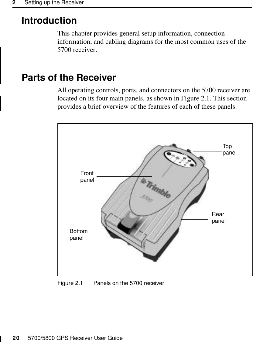 2     Setting up the Receiver20     5700/5800 GPS Receiver User Guide5700 Operation2.1 IntroductionThis chapter provides general setup information, connection information, and cabling diagrams for the most common uses of the 5700 receiver.2.2 Parts of the ReceiverAll operating controls, ports, and connectors on the 5700 receiver are located on its four main panels, as shown in Figure 2.1. This section provides a brief overview of the features of each of these panels.Figure 2.1 Panels on the 5700 receiverBottompanelToppanelFrontpanelRearpanel