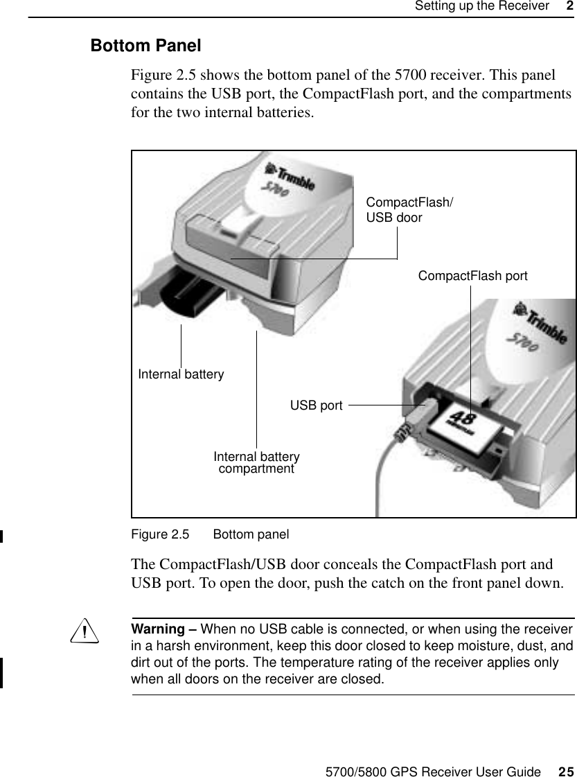 5700/5800 GPS Receiver User Guide     25Setting up the Receiver     25700 Operation2.2.4 Bottom PanelFigure 2.5 shows the bottom panel of the 5700 receiver. This panel contains the USB port, the CompactFlash port, and the compartments for the two internal batteries.Figure 2.5 Bottom panel The CompactFlash/USB door conceals the CompactFlash port and USB port. To open the door, push the catch on the front panel down.Warning – When no USB cable is connected, or when using the receiver in a harsh environment, keep this door closed to keep moisture, dust, and dirt out of the ports. The temperature rating of the receiver applies only when all doors on the receiver are closed.CompactFlash portUSB portInternal batterycompartmentInternal batteryCompactFlash/ USB door
