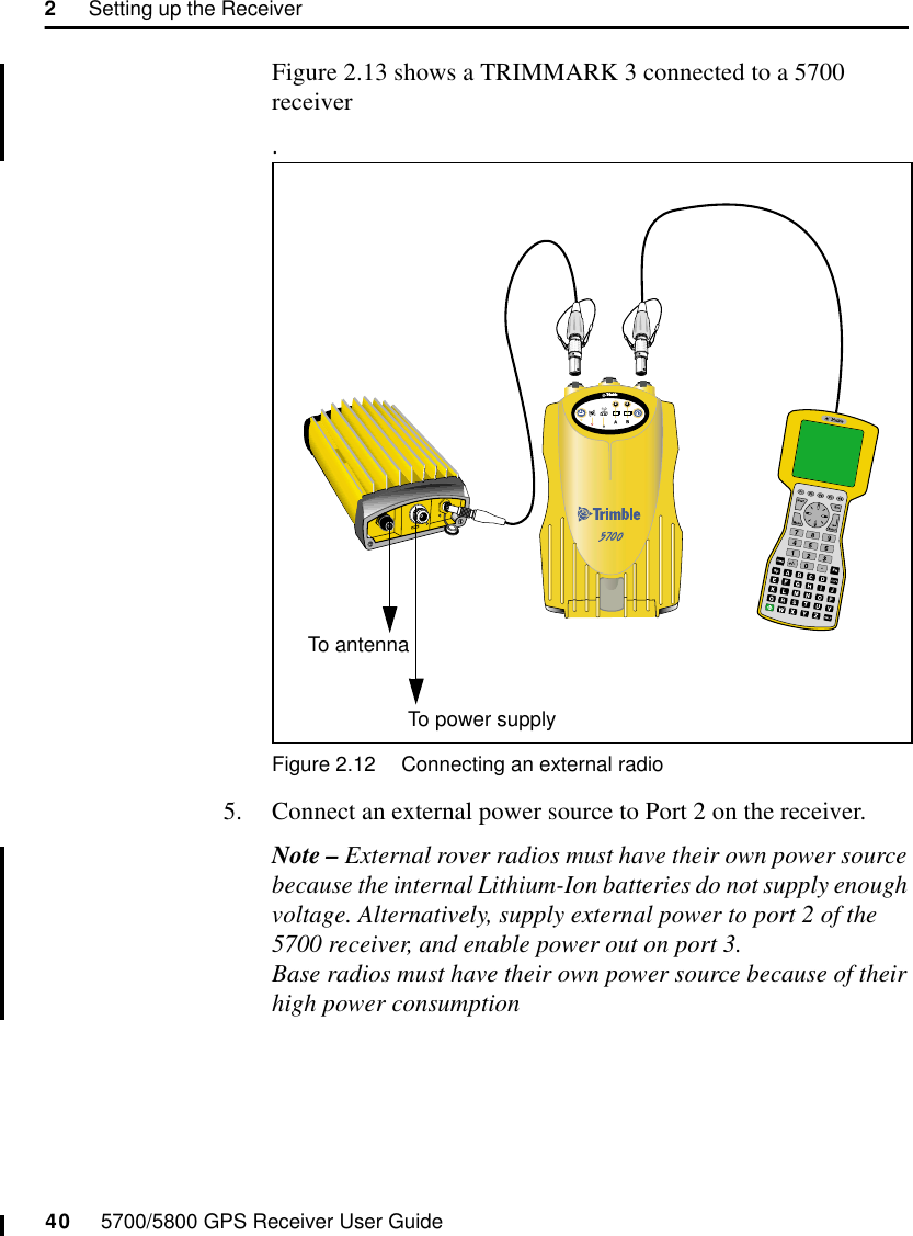 2     Setting up the Receiver40     5700/5800 GPS Receiver User Guide5700 OperationFigure 2.13 shows a TRIMMARK 3 connected to a 5700 receiver.Figure 2.12 Connecting an external radio5. Connect an external power source to Port 2 on the receiver.Note – External rover radios must have their own power source because the internal Lithium-Ion batteries do not supply enough voltage. Alternatively, supply external power to port 2 of the 5700 receiver, and enable power out on port 3. Base radios must have their own power source because of their high power consumption 23tTo antenna To power supply