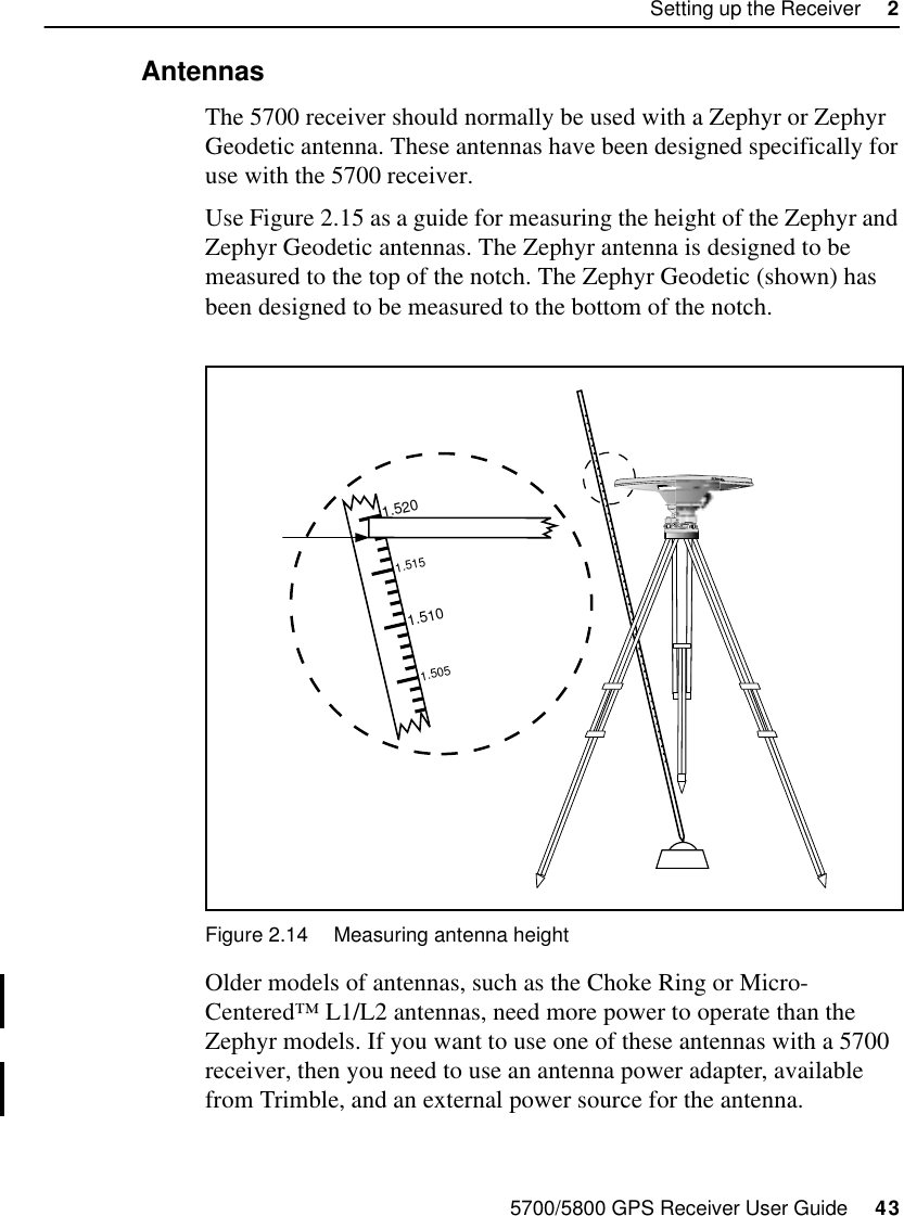 5700/5800 GPS Receiver User Guide     43Setting up the Receiver     25700 Operation2.7.3 AntennasThe 5700 receiver should normally be used with a Zephyr or Zephyr Geodetic antenna. These antennas have been designed specifically for use with the 5700 receiver. Use Figure 2.15 as a guide for measuring the height of the Zephyr and Zephyr Geodetic antennas. The Zephyr antenna is designed to be measured to the top of the notch. The Zephyr Geodetic (shown) has been designed to be measured to the bottom of the notch. Figure 2.14 Measuring antenna heightOlder models of antennas, such as the Choke Ring or Micro-Centered™ L1/L2 antennas, need more power to operate than the Zephyr models. If you want to use one of these antennas with a 5700 receiver, then you need to use an antenna power adapter, available from Trimble, and an external power source for the antenna.1.5201.5101.5151.505