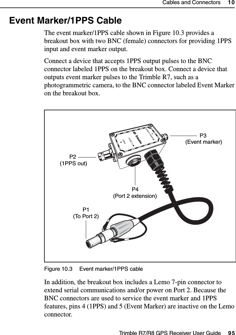 Trimble R7/R8 GPS Receiver User Guide     95Cables and Connectors     10Trimble R7 Operation10.4 Event Marker/1PPS CableThe event marker/1PPS cable shown in Figure 10.3 provides a breakout box with two BNC (female) connectors for providing 1PPS input and event marker output. Connect a device that accepts 1PPS output pulses to the BNC connector labeled 1PPS on the breakout box. Connect a device that outputs event marker pulses to the Trimble R7, such as a photogrammetric camera, to the BNC connector labeled Event Marker on the breakout box.Figure 10.3 Event marker/1PPS cableIn addition, the breakout box includes a Lemo 7-pin connector to extend serial communications and/or power on Port 2. Because the BNC connectors are used to service the event marker and 1PPS features, pins 4 (1PPS) and 5 (Event Marker) are inactive on the Lemo connector.P4P3 P1P2 (Event marker)(1PPS out)(To Port 2)(Port 2 extension)