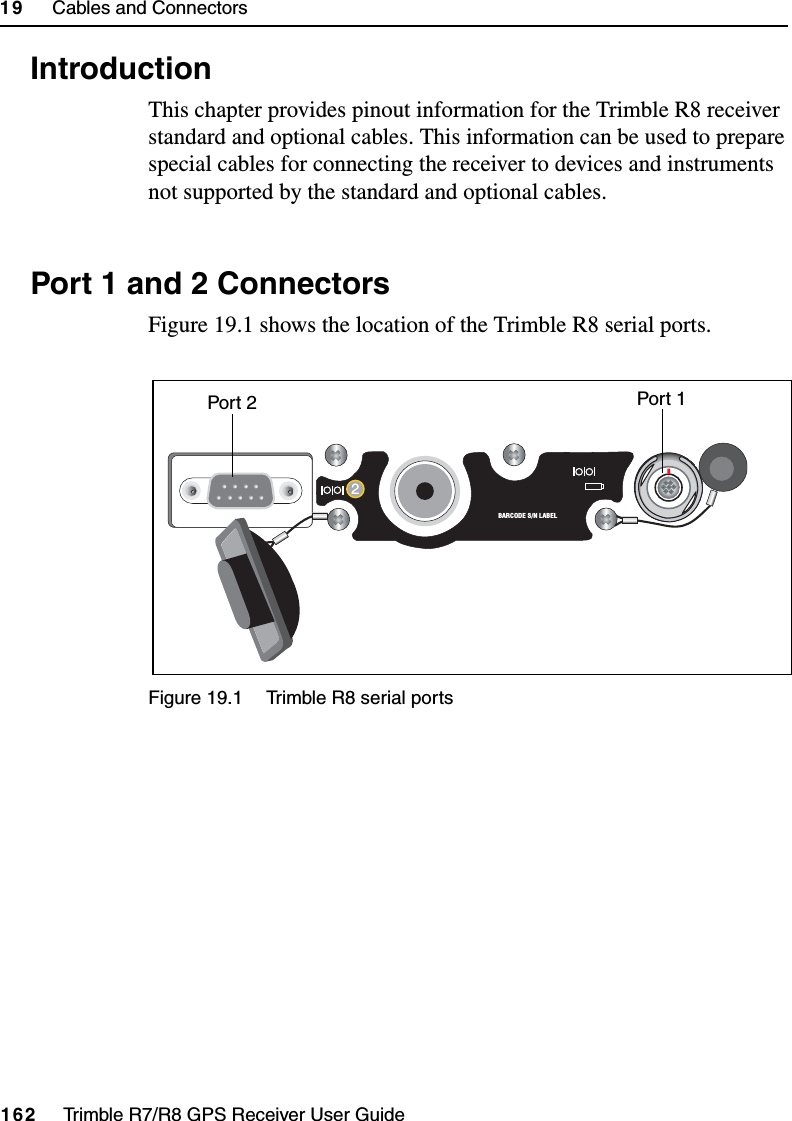 19     Cables and Connectors162     Trimble R7/R8 GPS Receiver User GuideTrimble R8 Operation19.1 IntroductionThis chapter provides pinout information for the Trimble R8 receiver standard and optional cables. This information can be used to prepare special cables for connecting the receiver to devices and instruments not supported by the standard and optional cables.19.2 Port 1 and 2 ConnectorsFigure 19.1 shows the location of the Trimble R8 serial ports. Figure 19.1 Trimble R8 serial ports12BARCODE S/N LABEL Port 1Port 2