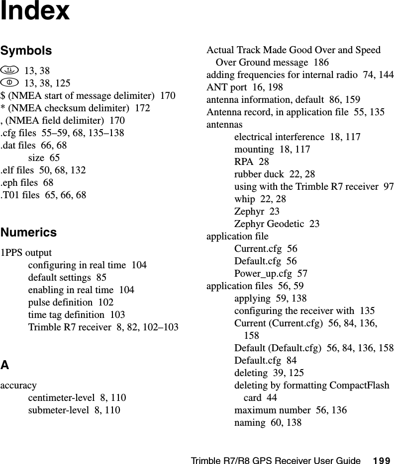Trimble R7/R8 GPS Receiver User Guide     199IndexSymbolsd13, 38p13, 38, 125$ (NMEA start of message delimiter) 170* (NMEA checksum delimiter) 172, (NMEA field delimiter) 170.cfg files 55–59, 68, 135–138.dat files 66, 68size 65.elf files 50, 68, 132.eph files 68.T01 files 65, 66, 68Numerics1PPS outputconfiguring in real time 104default settings 85enabling in real time 104pulse definition 102time tag definition 103Trimble R7 receiver 8, 82, 102–103Aaccuracycentimeter-level 8, 110submeter-level 8, 110Actual Track Made Good Over and Speed Over Ground message 186adding frequencies for internal radio 74, 144ANT port 16, 198antenna information, default 86, 159Antenna record, in application file 55, 135antennaselectrical interference 18, 117mounting 18, 117RPA 28rubber duck 22, 28using with the Trimble R7 receiver 97whip 22, 28Zephyr 23Zephyr Geodetic 23application fileCurrent.cfg 56Default.cfg 56Power_up.cfg 57application files 56, 59applying 59, 138configuring the receiver with 135Current (Current.cfg) 56, 84, 136, 158Default (Default.cfg) 56, 84, 136, 158Default.cfg 84deleting 39, 125deleting by formatting CompactFlash card 44maximum number 56, 136naming 60, 138