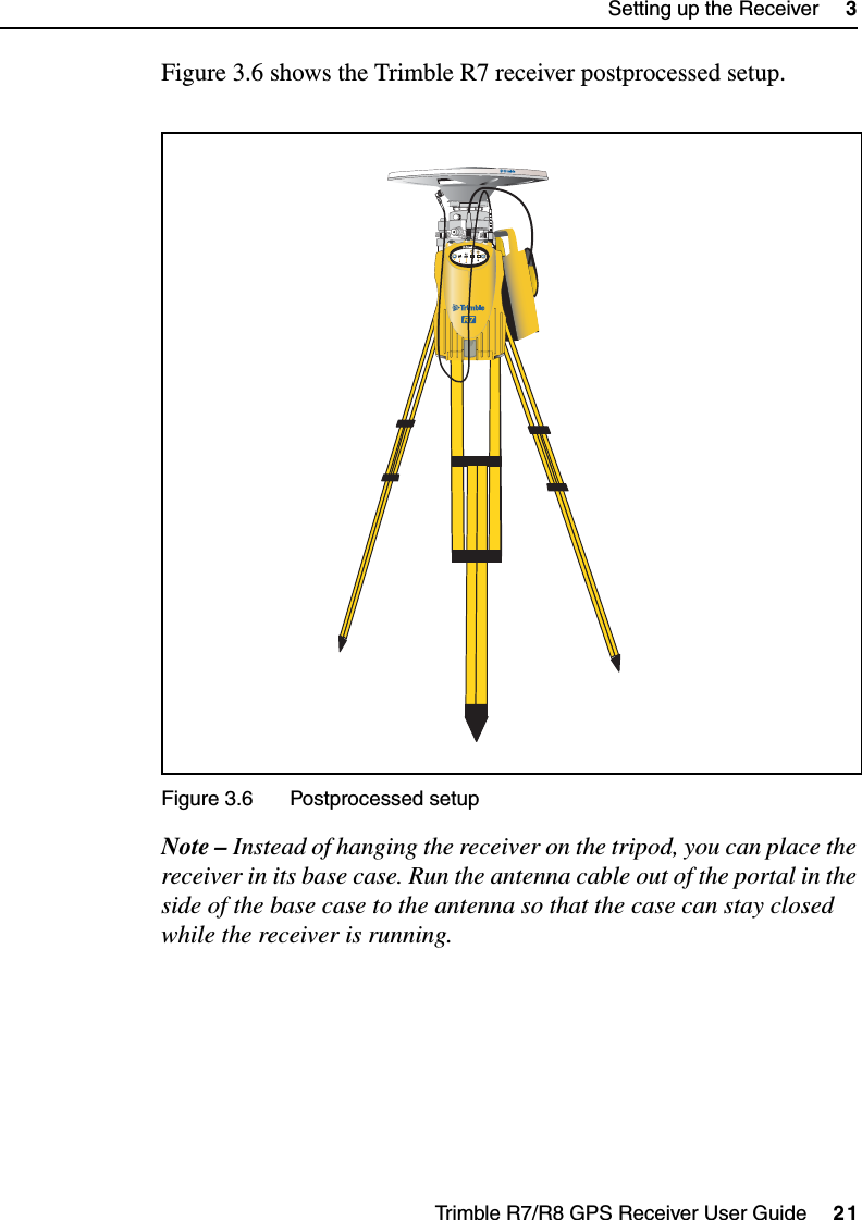 Trimble R7/R8 GPS Receiver User Guide     21Setting up the Receiver     3Trimble R7 OperationFigure 3.6 shows the Trimble R7 receiver postprocessed setup. Figure 3.6 Postprocessed setupNote – Instead of hanging the receiver on the tripod, you can place the receiver in its base case. Run the antenna cable out of the portal in the side of the base case to the antenna so that the case can stay closed while the receiver is running.